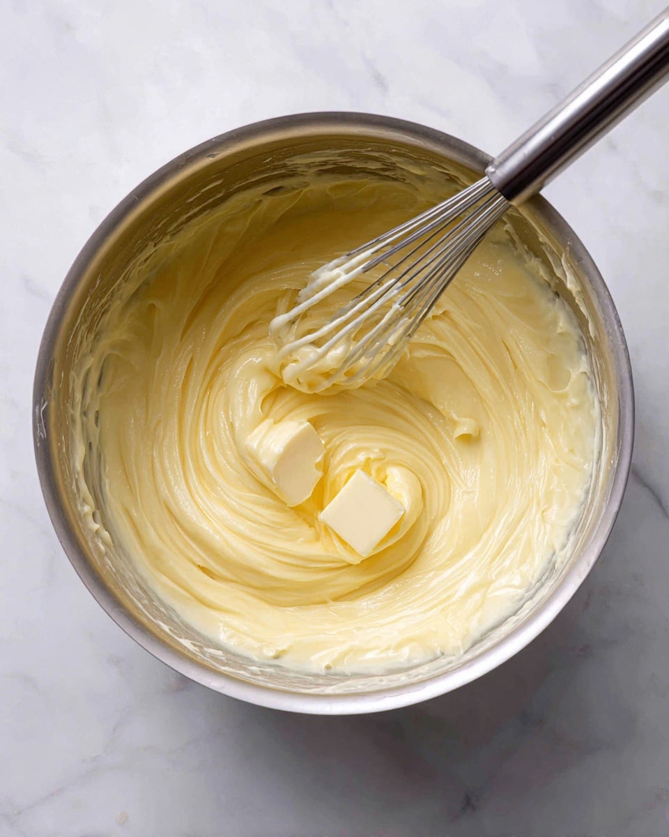 A close-up view inside a silver metal pot shows a smooth, pale yellow mixture that is thick and creamy in texture. On top of the mixture, near the center, there is a small square piece of butter melting slowly, adding a glossy shine. A silver metal whisk with thin wires is resting inside the pot, lifting some of the creamy mixture in a twisting motion, creating soft ridges and swirls in the texture. The pot's inside walls have remnants of the thick mixture clinging in uneven patches. The pot is set on a surface with a white marbled texture. photo taken with an iphone --ar 4:5 --v 7