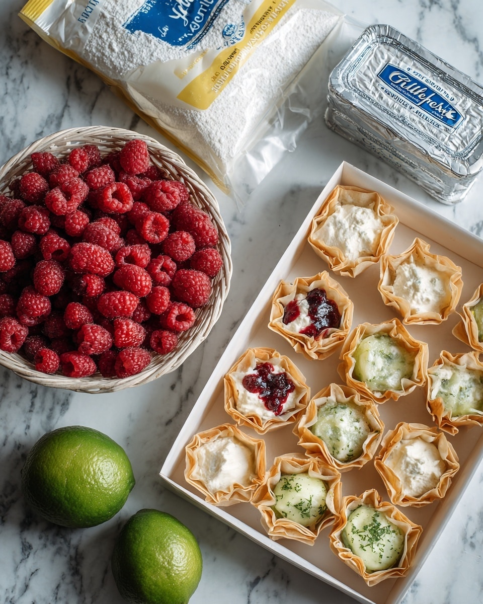A white basket filled with fresh, bright red raspberries sits at the bottom left corner. Above it is a large white bag of powdered sugar with yellow and blue accents. To the right of the sugar is a white box of fully baked phyllo shells, showing multiple small tart shells with ruffled edges, some filled with white cream and red jam, others with green cucumber and herbs. Below the box is a fresh, whole green lime, and next to it is a block of Philadelphia cream cheese in silver wrapping with blue text. All items rest on a white marble textured surface photo taken with an iphone --ar 4:5 --v 7