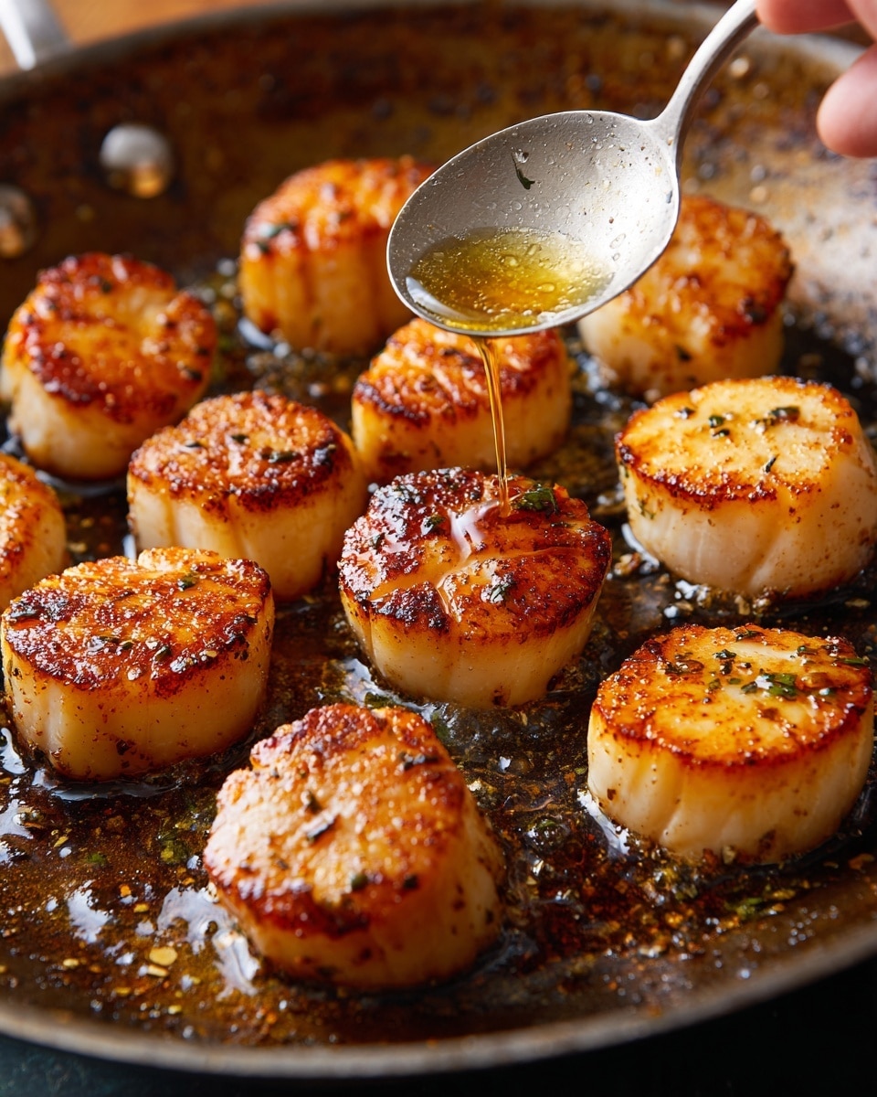 The image shows a close-up of a frying pan with several golden-brown seared scallops arranged in a scattered pattern. Each scallop has a circular shape with a slightly crispy, caramelized top and a tender white base. The pan's surface has a slightly oily sheen with browned bits and seasoning spread unevenly around the scallops. A woman's hand holds a spoon above the pan, dripping melted butter or sauce onto the scallops, adding a shiny, moist texture. The background and pan both have a worn, rustic look that contrasts with the rich colors of the scallops. photo taken with an iphone --ar 4:5 --v 7
