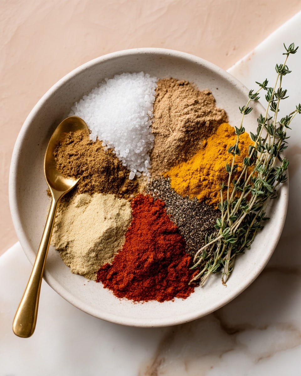 A white bowl holds seven piles of different spices neatly arranged in a circular pattern. Starting from the top left and moving clockwise, there is a pile of coarse white salt, a light brown powder, a small heap of black pepper, a pale yellow powder with a gold spoon resting on it, a bright yellow turmeric powder, a bundle of fresh green thyme, and a bright red chili powder in the center. The bowl sits on a white marbled surface with a soft pink background. photo taken with an iphone --ar 4:5 --v 7