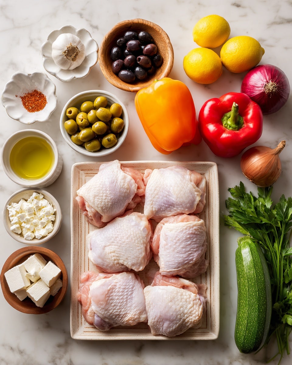 The image shows nine raw chicken thighs placed in three rows on a square beige plate with light lines. Around the plate, several ingredients are neatly arranged on a white marbled surface. From left to right, there are small white bowls with spices, a garlic clove on a white scalloped dish, black and green olives in small wooden bowls, a bowl with white cheese cubes, a cup of olive oil, two whole yellow lemons, a whole red onion, a red tomato, an orange bell pepper, a green zucchini, and fresh parsley leaves on the top right corner. The colors are natural and vibrant, showing the freshness of the ingredients. photo taken with an iphone --ar 4:5 --v 7