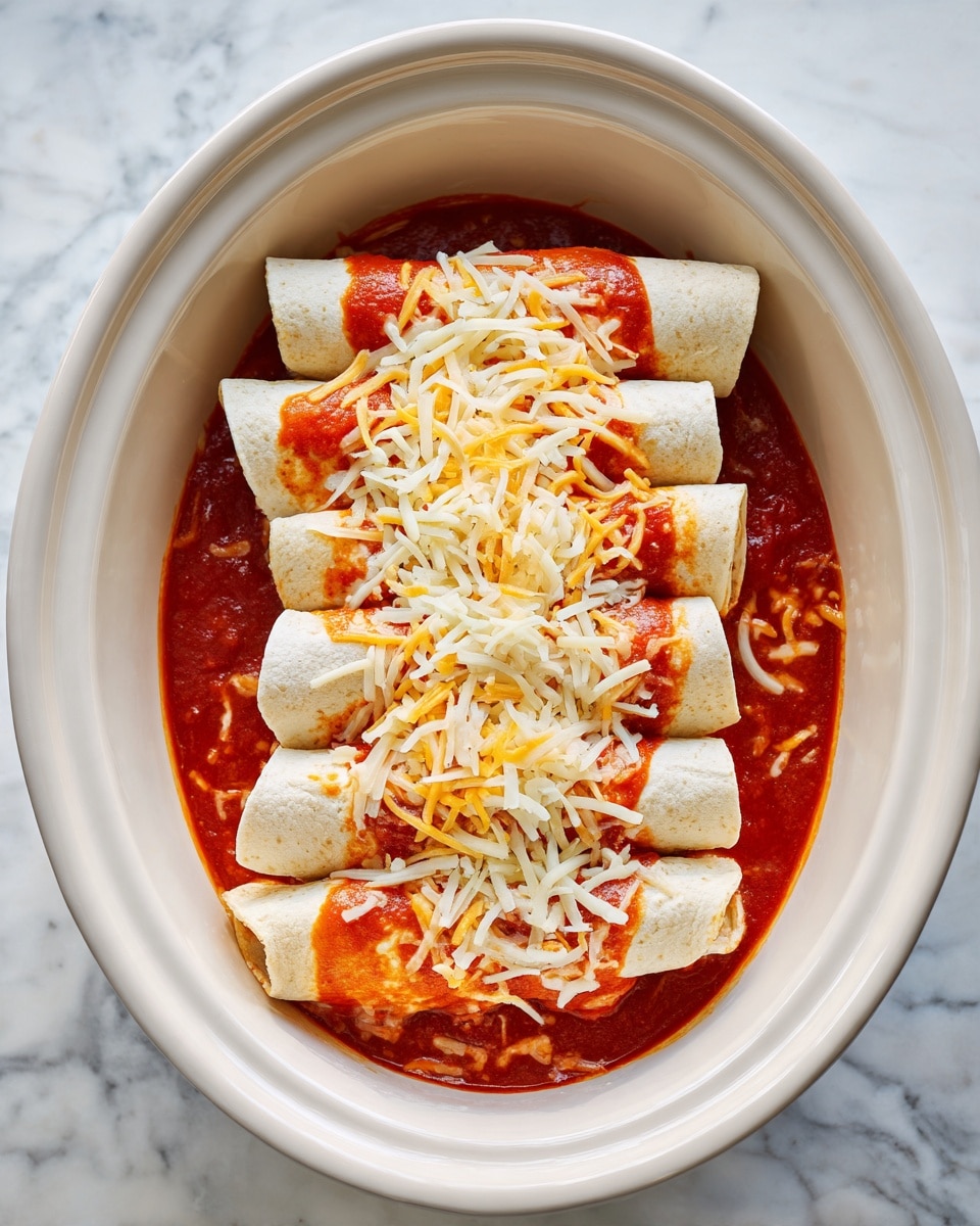 A white oval slow cooker on a white marbled surface holds rolled tortillas filled with a filling, stacked in two layers, the tortillas pale beige with a soft texture. Next, the tortillas are covered with a vibrant red sauce with a smooth, slightly glossy texture, pooling around and over the tortillas. In the third image, the sauce thickly coats the tortillas, giving a rich, even red layer. The final image shows a generous layer of mixed shredded cheese in white, yellow, and orange covering the sauce and tortillas completely, with a soft, fibrous texture. photo taken with an iphone --ar 4:5 --v 7