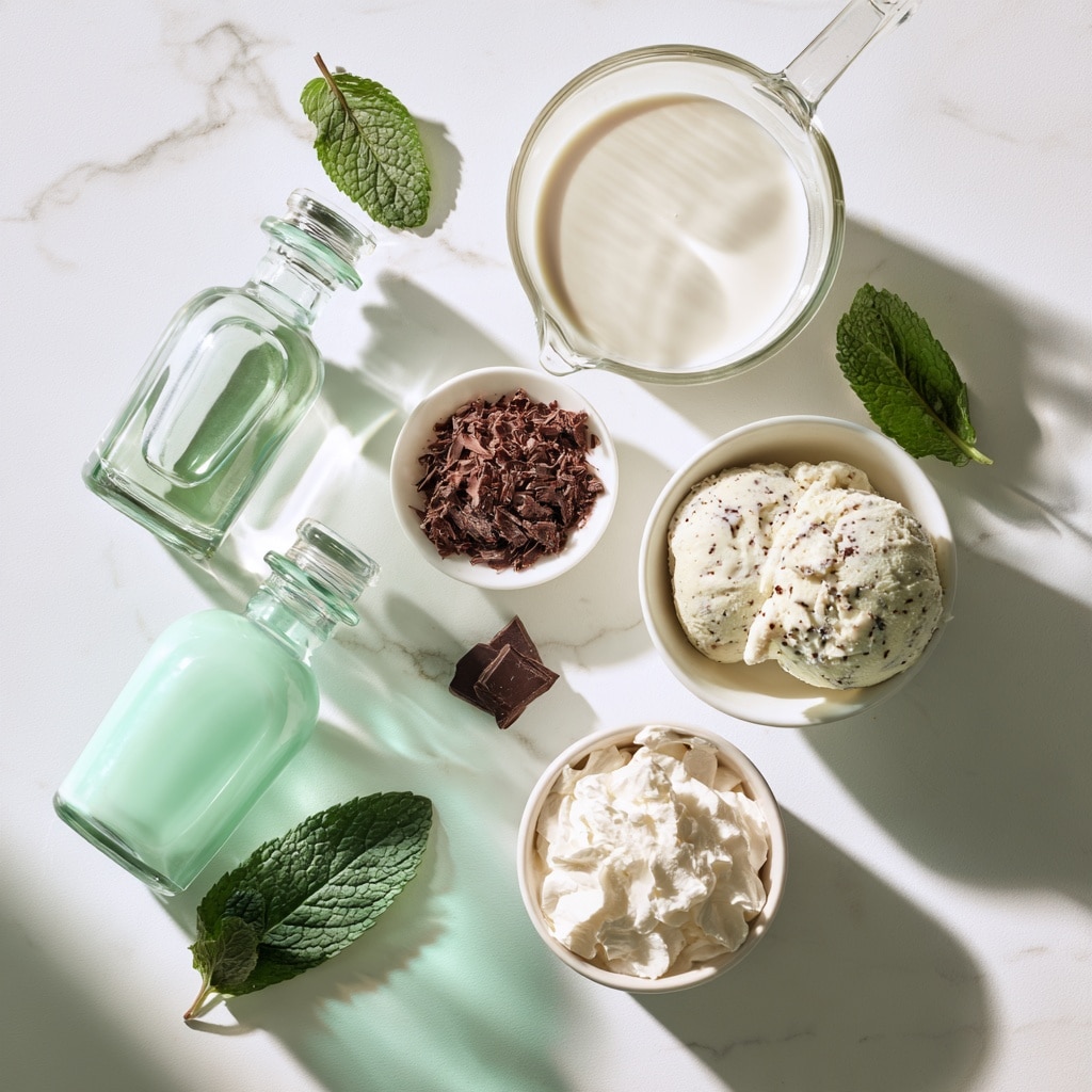 A close-up shot shows a woman's hand pouring bright green liquid from a small white bowl into a clear glass shaker filled halfway with white creamy liquid and ice. The green liquid swirls as it mixes with the creamy layer inside the shaker. In the background on a white marbled surface, there are two glass bottles with white liquid and a tall clear stemmed glass filled with a light green drink topped with a white foam and brown crumbles. The scene has soft natural lighting and a clean, simple look. photo taken with an iphone --ar 4:5 --v 7
