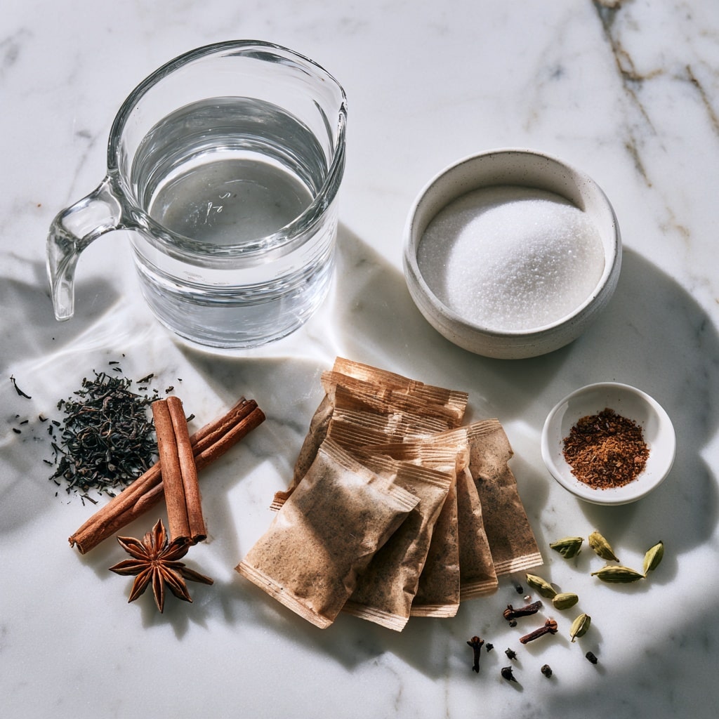 A clear glass measuring cup with red markings holds a dark brown liquid with a slightly cloudy texture. Inside, there are several brown tea bags with white strings tied together, fully submerged in the liquid. The measuring cup has a handle on the left side, and the whole setup is placed on a white marbled surface. Photo taken with an iphone --ar 4:5 --v 7