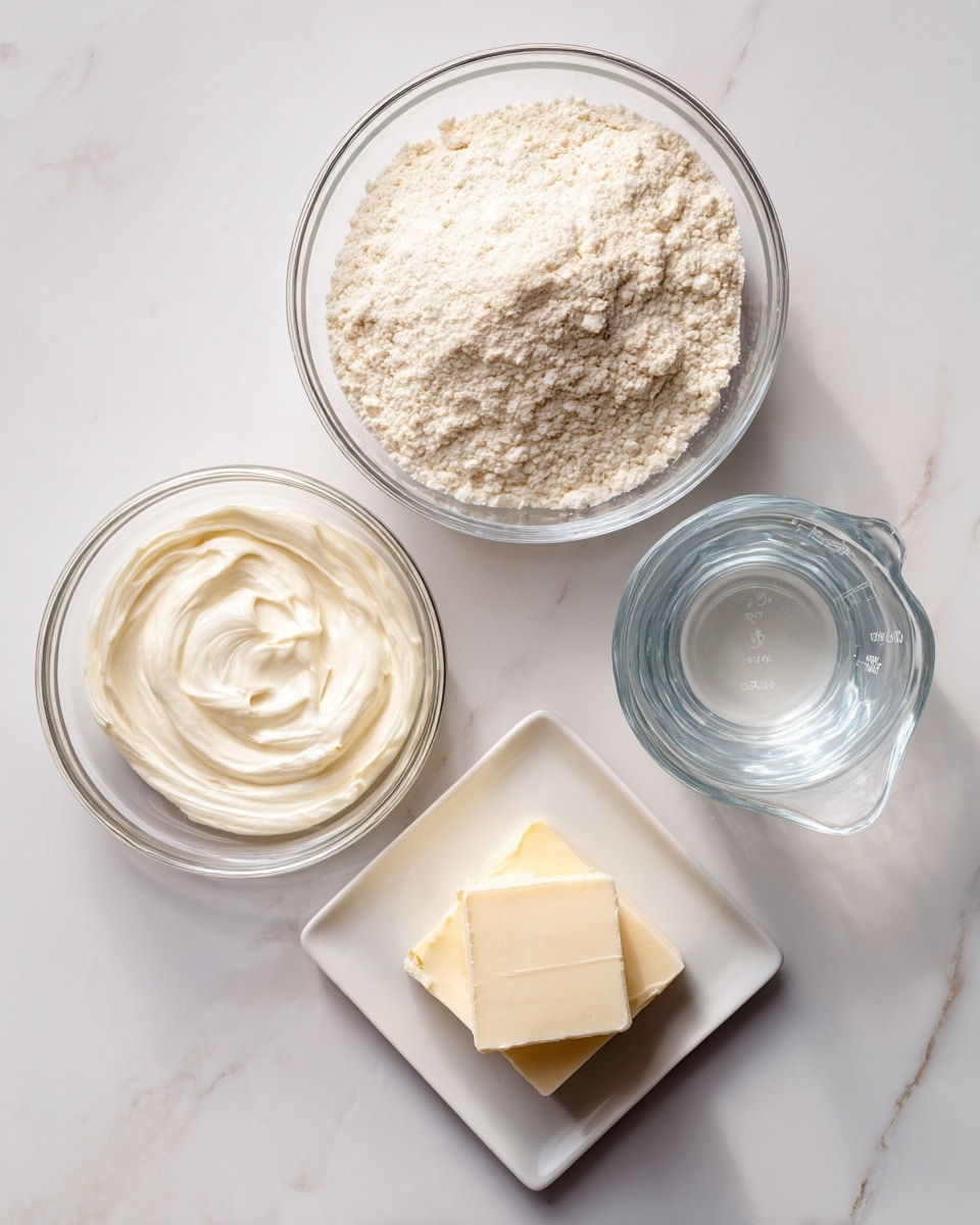 This image shows four clear glass bowls and a white square plate on a white marbled surface. The top bowl is filled with a light beige flour-like powder with a fine, crumbly texture. Below it to the left is a smaller bowl with a thick, creamy white substance swirled smoothly inside. To the right of that is a small glass measuring cup holding a clear, colorless liquid. At the bottom, a white plate holds two pieces of pale yellow butter, one larger and rectangular and the other smaller and cube-shaped. The arrangement is neat and spaced evenly. Photo taken with an iphone --ar 4:5 --v 7