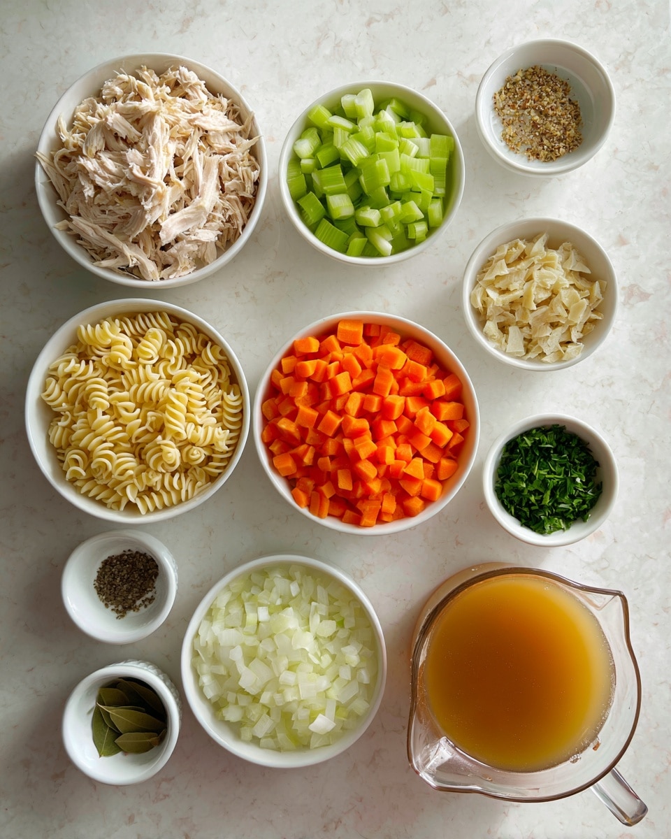 The image shows a top view of various ingredients arranged neatly on a white marbled surface. There are eleven small white bowls and one clear measuring cup. The bowls contain shredded cooked chicken in the top left, small diced green celery next to it, and spiral egg noodles below the celery. Below the noodles, a bowl of bright orange carrot cubes is next to chopped white onions. Small bowls hold minced garlic, bay leaf with black pepper, honey, chopped fresh green herbs, and a mix of salt and pepper. The clear measuring cup on the right is filled with light brown chicken broth. The scene is clean and organized with each ingredient clearly visible. Photo taken with an iphone --ar 4:5 --v 7