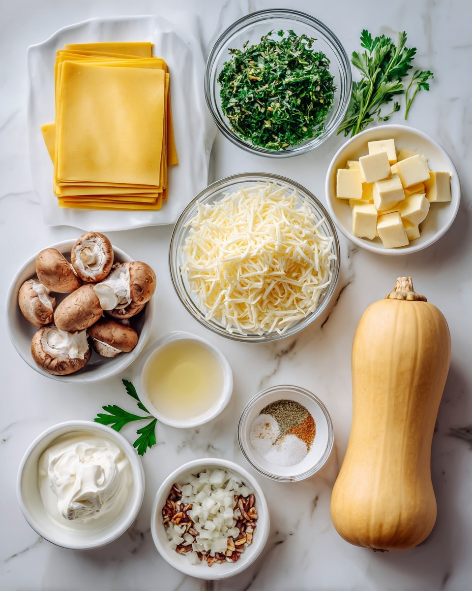 The image shows various ingredients arranged neatly on a white marbled surface. There is a clear glass bowl filled with chopped green herbs in the top center. Next to it is a small white bowl containing shredded pale yellow cheese, and a stack of uncooked yellow lasagna sheets beside it. Below the herbs is a small white bowl holding melted butter, and next to it are three white bowls with white cream or cheese, small brown and white powders, and diced onions in another white bowl. Further left, a round white bowl contains whole brown mushrooms, and there are small pieces of yellow butter on a white bowl above it. A small glass holds a clear liquid next to a long yellow butternut squash. A few sprigs of fresh herbs lie on the surface. Each bowl is placed carefully showing clear textures of the ingredients, all on the white marbled texture. photo taken with an iphone --ar 4:5 --v 7