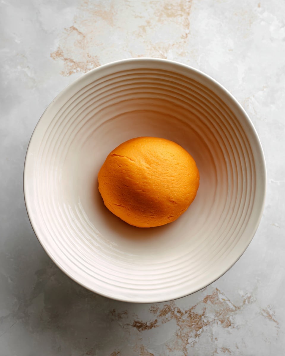 A white bowl with round ridges inside holds a single ball of smooth, orange dough placed at the center. The dough looks soft and slightly shiny. The bowl sits on a white marbled surface with light gray and faint brown veins. photo taken with an iphone --ar 4:5 --v 7