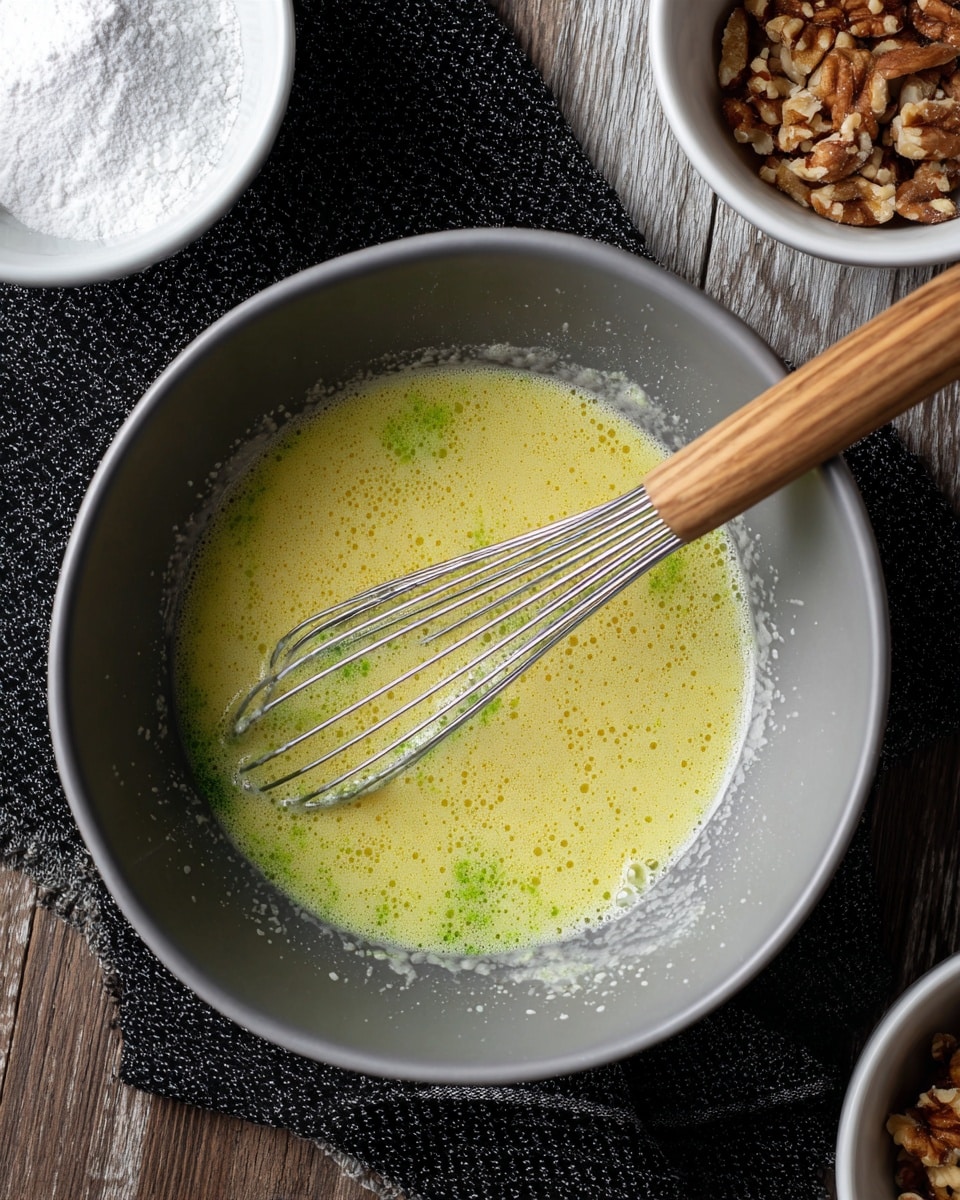 A single gray bowl filled with a yellow liquid mixture that has some green patches, showing a smooth yet slightly bubbly texture on top. A whisk with a wooden handle is resting inside the bowl, partially submerged in the mixture. The bowl is placed on a black textured cloth, which lies on a wooden surface with a checkered pattern. Part of two other white bowls can be seen at the top and bottom edges, one containing white powder and the other filled with crushed nuts. photo taken with an iphone --ar 4:5 --v 7