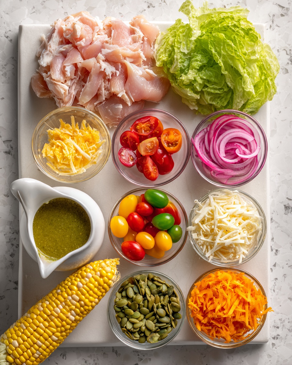 The image shows raw chicken on a white plate in the center, surrounded by small clear bowls with colorful ingredients: green lettuce leaves at the top right, thinly sliced red radishes below the lettuce, bright pink pickled onions below the radishes, mixed small tomatoes in red, yellow, orange, and green in the middle below the chicken, shredded white cheese to the right of the tomatoes, bright orange chopped bell peppers at the bottom left, and toasted green pumpkin seeds at the bottom right. There is a greenish brown sauce in a small white pitcher with a spout to the left of the tomatoes and an avocado below it. A whole ear of corn with yellow and white kernels lies horizontally above the chicken. All items are placed on a white marbled surface. Photo taken with an iphone --ar 4:5 --v 7