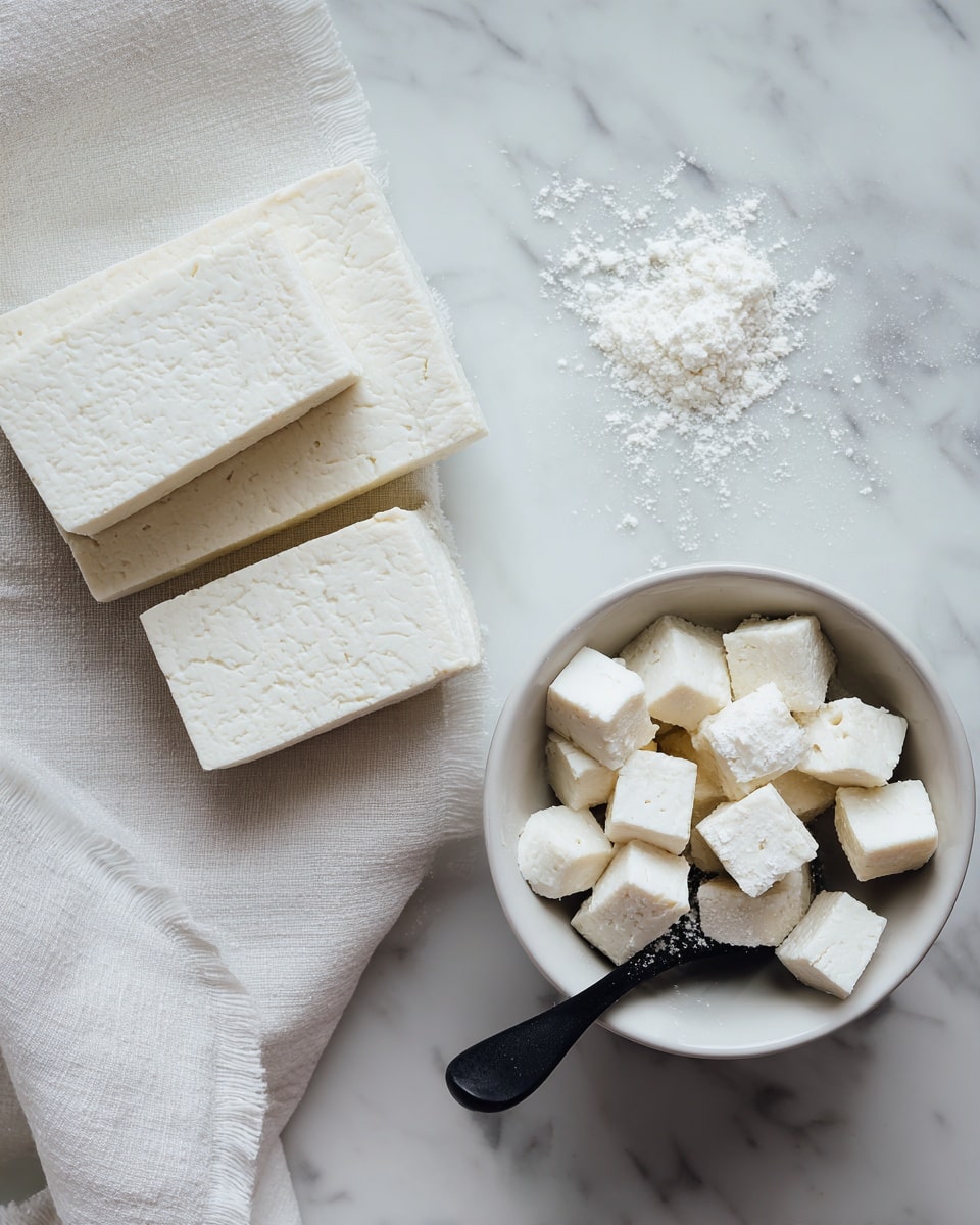 The image on the left shows three rectangular pieces of tofu placed on a white towel on a white marbled surface, with the tofu having a smooth and slightly porous texture. The image on the right shows a white bowl filled with small tofu cubes scattered inside, some of which are sprinkled with a white powder, likely flour, and a black spoon resting inside the bowl on the white marbled surface. photo taken with an iphone --ar 4:5 --v 7