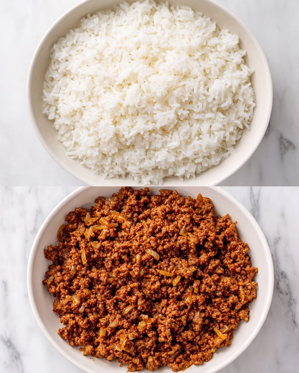 The image shows two close-up views of food in a white bowl on a white marble surface. The top part features a single layer of cooked white rice, with fluffy grains spread evenly across the bowl. The bottom part shows a thick layer of cooked ground meat mixed with small bits of onions and spices, having a rich brown color and slightly crumbly texture, filling the same white bowl. Photo taken with an iphone --ar 4:5 --v 7