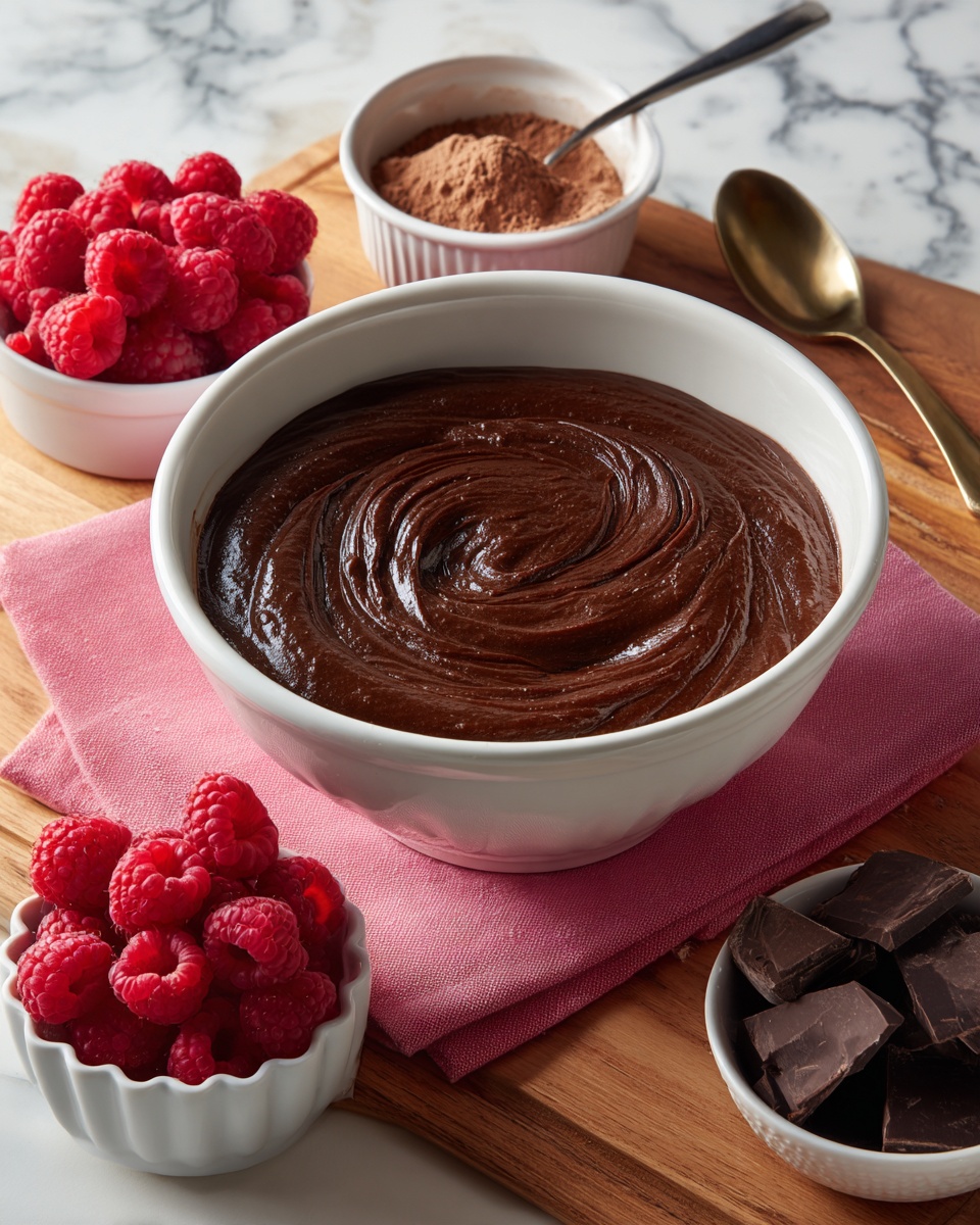 The image shows a white bowl filled with thick, dark brown chocolate batter with smooth swirls inside. The bowl is placed on a pink cloth on a wooden board. Above the bowl, there is a small white bowl with light brown cocoa powder and a spoon inside. Below and slightly to the left, there is a white scalloped bowl filled with bright red raspberries. To the right of the raspberries, there is a small white bowl with dark brown chocolate chunks. The background has a white marbled texture. photo taken with an iphone --ar 4:5 --v 7