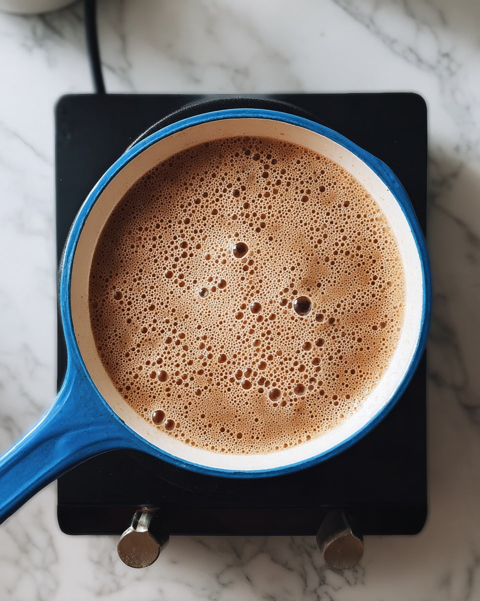 A close-up top view of a blue cast iron pan with white inside on a small black electric stove, filled with a light brown bubbly batter layer cooking evenly across the surface, bubbles of different sizes scattered throughout the smooth texture; the scene is set on a white marbled surface. photo taken with an iphone --ar 4:5 --v 7