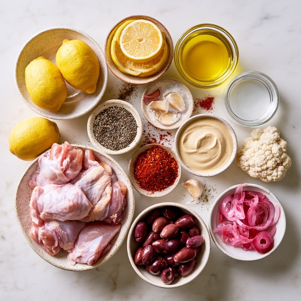 The image shows four parts: top left is a white bowl filled with a grain salad that has small white grains mixed with finely chopped green herbs and small orange pieces, with a silver spoon inside; top right is a tray with baked chicken pieces that are golden brown and seasoned with spices and oil; bottom left shows a glass jar filled with pink pickled onions and green herb sprigs soaking in clear liquid; bottom right displays a white container of creamy light beige sauce next to a glass meal prep box containing grilled chicken strips and dark olives, all placed on a white marbled surface photo taken with an iphone --ar 4:5 --v 7