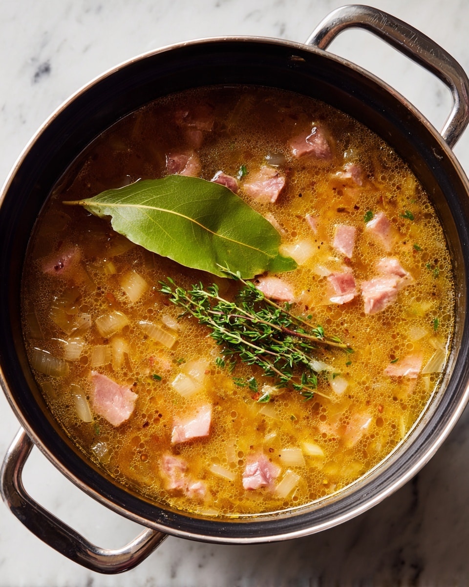 Inside a black pot with a shiny silver rim, there is a rich stew with three main layers visible: a golden-brown broth on the top that has a slightly oily shine, chunks of pinkish cooked meat scattered throughout, and translucent diced onions mixed in both the broth and meat. On the surface, a large pale green bay leaf lies flat on the left side while a small tied bunch of fresh green thyme rests on the right. Tiny herb pieces and small bubbles float around in the liquid. The pot sits on a white marbled surface photo taken with an iphone --ar 4:5 --v 7