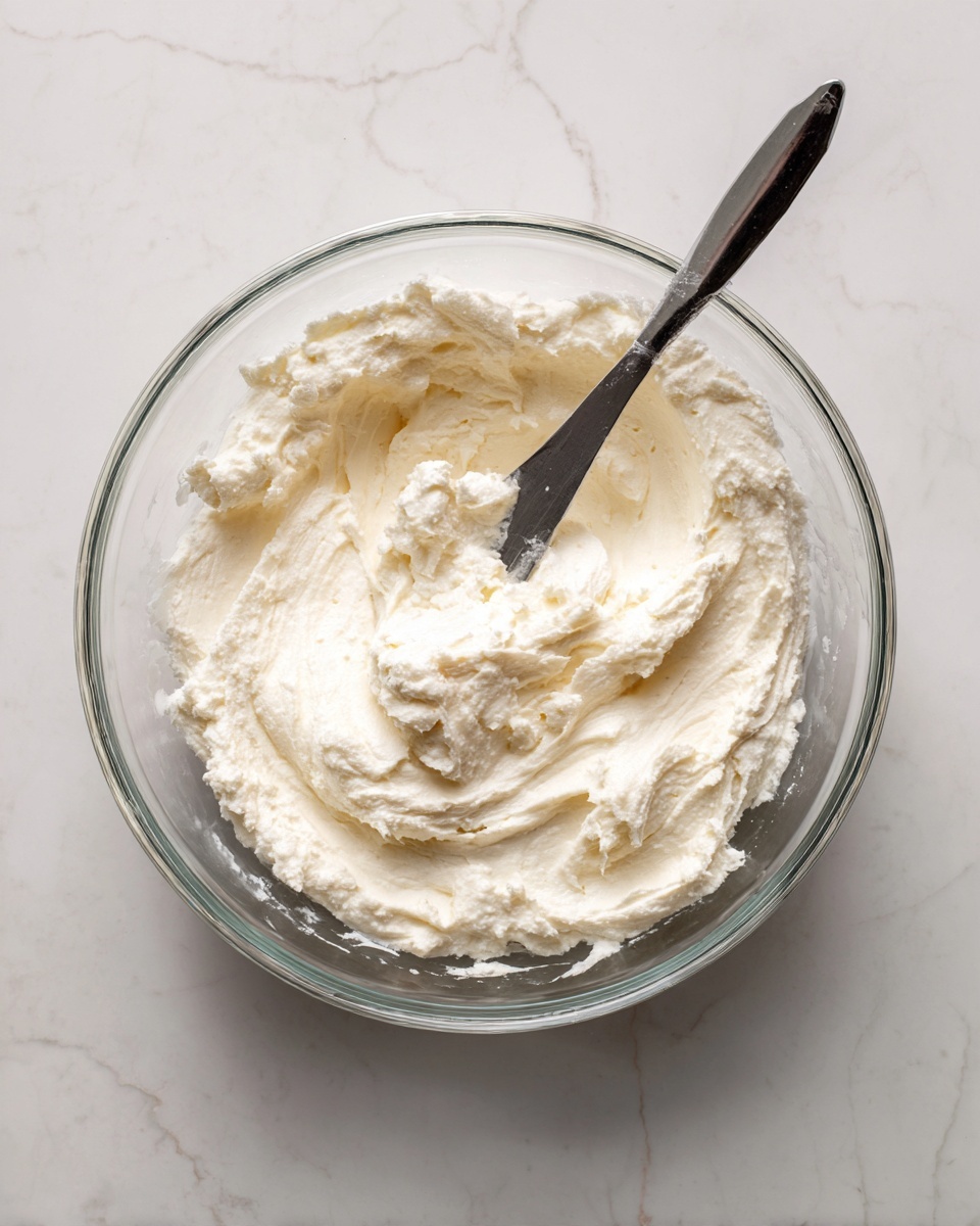A clear glass bowl filled with a thick, creamy white mixture that has a slightly grainy texture, with some small clumps and soft lumps visible throughout. A silver spoon is partly buried in the mixture, its handle resting on the edge of the bowl. The bowl sits on a white marbled surface. photo taken with an iphone --ar 4:5 --v 7