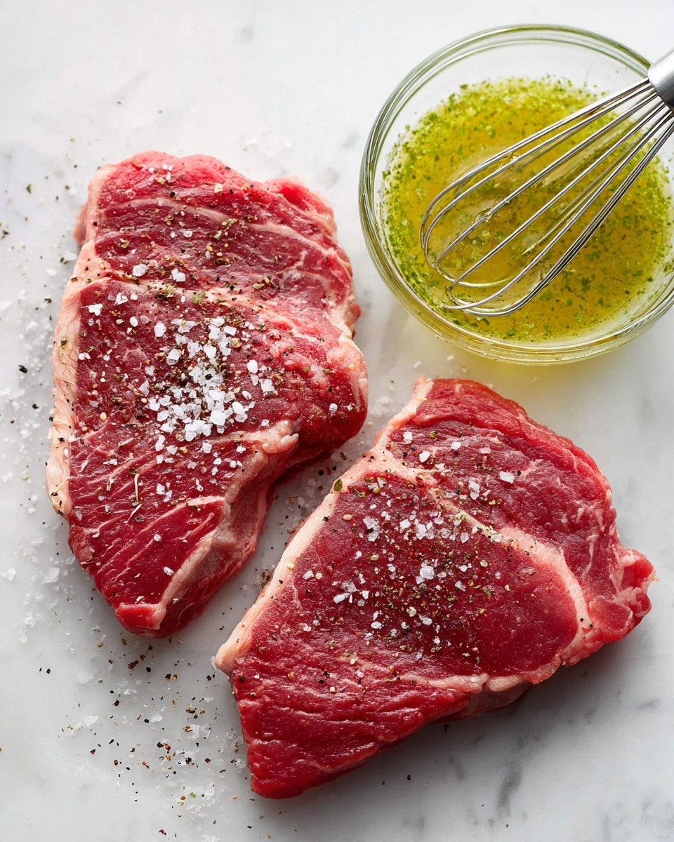 Two pieces of raw red meat are laid side by side on a white marbled surface, each sprinkled with coarse salt and black pepper. The meat shows a mix of deep red color with streaks of white fat marbled throughout. In the top right corner, a clear glass bowl contains a light green oily mixture with a silver whisk inside. The scene shows a clean, bright setting with a focus on the textures of the meat and the dressing in the bowl. Photo taken with an iphone --ar 4:5 --v 7