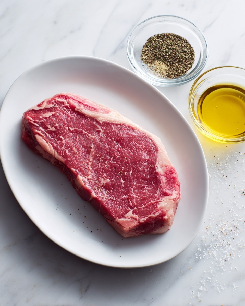 A raw steak with red and light pink marbled texture lies flat on a white plate, which is centered on a white marbled surface. To the upper right of the plate, there are two small clear glass bowls, one filled with golden yellow olive oil and the other with dark ground black pepper. The overall scene captures the simplicity of raw ingredients on a clean surface. photo taken with an iphone --ar 4:5 --v 7