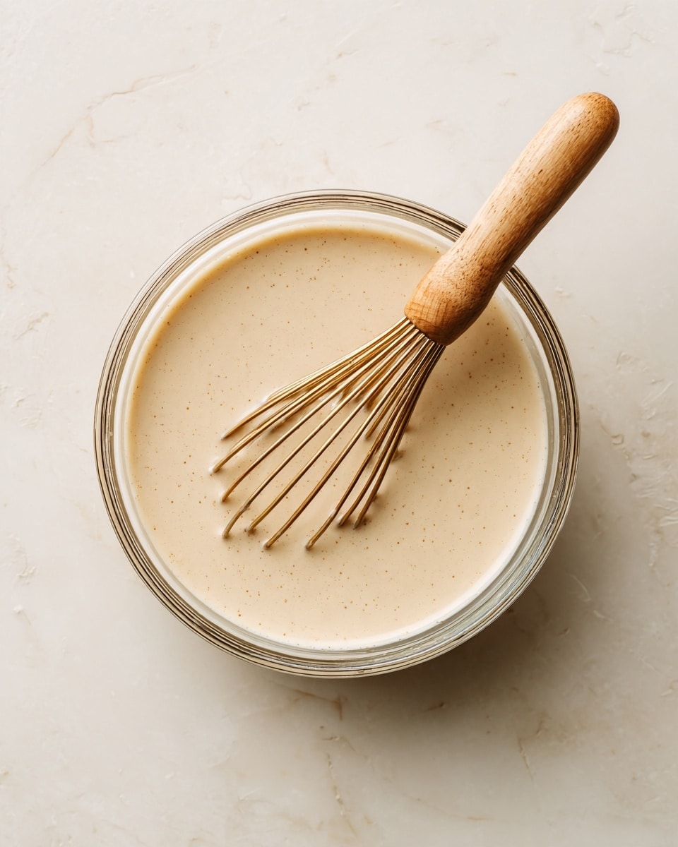 A clear glass bowl filled with a smooth, light beige cream mixture, sitting on a white marbled textured surface. Inside the bowl, a small whisk with a light wood handle is partially resting in the cream, positioned slightly to the right. The cream is even and glossy with a few tiny bubbles and specks, showing a thick but fluid texture. The bowl is viewed from above, centered in the frame. photo taken with an iphone --ar 4:5 --v 7