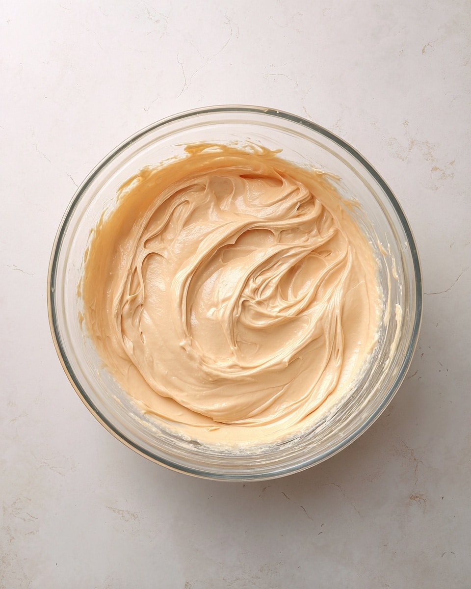 A clear glass bowl sits on a white marbled surface, filled with a creamy, light beige batter. The batter shows swirling patterns and soft peaks on the surface, indicating a smooth and thick texture. The bowl is round and transparent, allowing a clear view of the creamy mixture inside. There are no other layers or colors visible in the image, just the pale batter against the glass. photo taken with an iphone --ar 4:5 --v 7