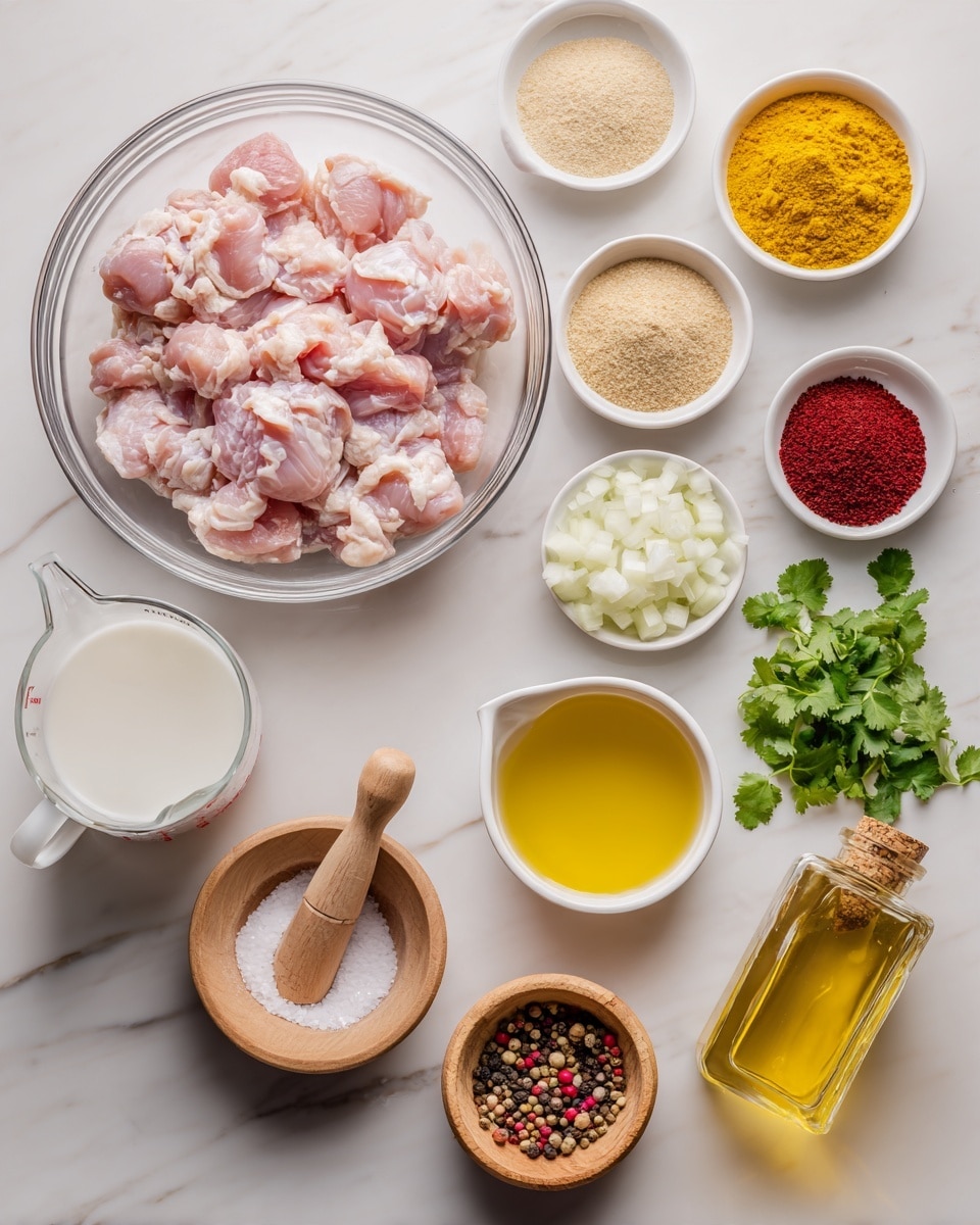 The image shows a white marbled surface with several clear and white bowls arranged neatly. In the largest clear bowl on the left, there are many pieces of raw pink chicken. Surrounding it are smaller white bowls containing different powders and pastes: a bright yellow powder, a light beige powder, a light brown powder, and a red paste. There is a small clear bowl with chopped white onions and green cilantro leaves next to it on the right. Below these, there is a white measuring cup filled with white liquid, a small white bowl with a golden liquid, and two round wooden containers, one with coarse salt and a small wooden scoop and the other with mixed colored peppercorns and a wooden pestle. On the far right is a clear glass bottle with a light yellow oil. The scene is well lit and looks clean and organized. Photo taken with an iphone --ar 4:5 --v 7