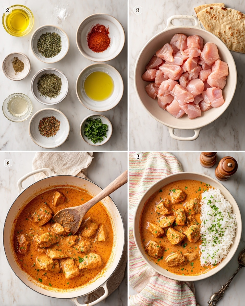 The image shows six stages of making a creamy orange chicken dish arranged in a grid on a white marbled surface. The first section shows small white bowls with ingredients like green herbs, oil, red paste, and spices, along with a large white bowl of raw pink chicken pieces. The second shows the chicken pieces cooking in a white pan with a light brown color. The third shows a thick bright orange sauce being mixed in the pan with a wooden spatula. The fourth shows the cooked chicken pieces covered with this sauce in the white pan. The fifth shows the finished orange chicken garnished with green herbs in a white bowl, placed on a pastel striped cloth. The sixth shows the same bowl of orange chicken served with white rice and a piece of folded flatbread, garnished with green herbs, a spoon, and a wooden pepper mill nearby. Photo taken with an iphone --ar 4:5 --v 7