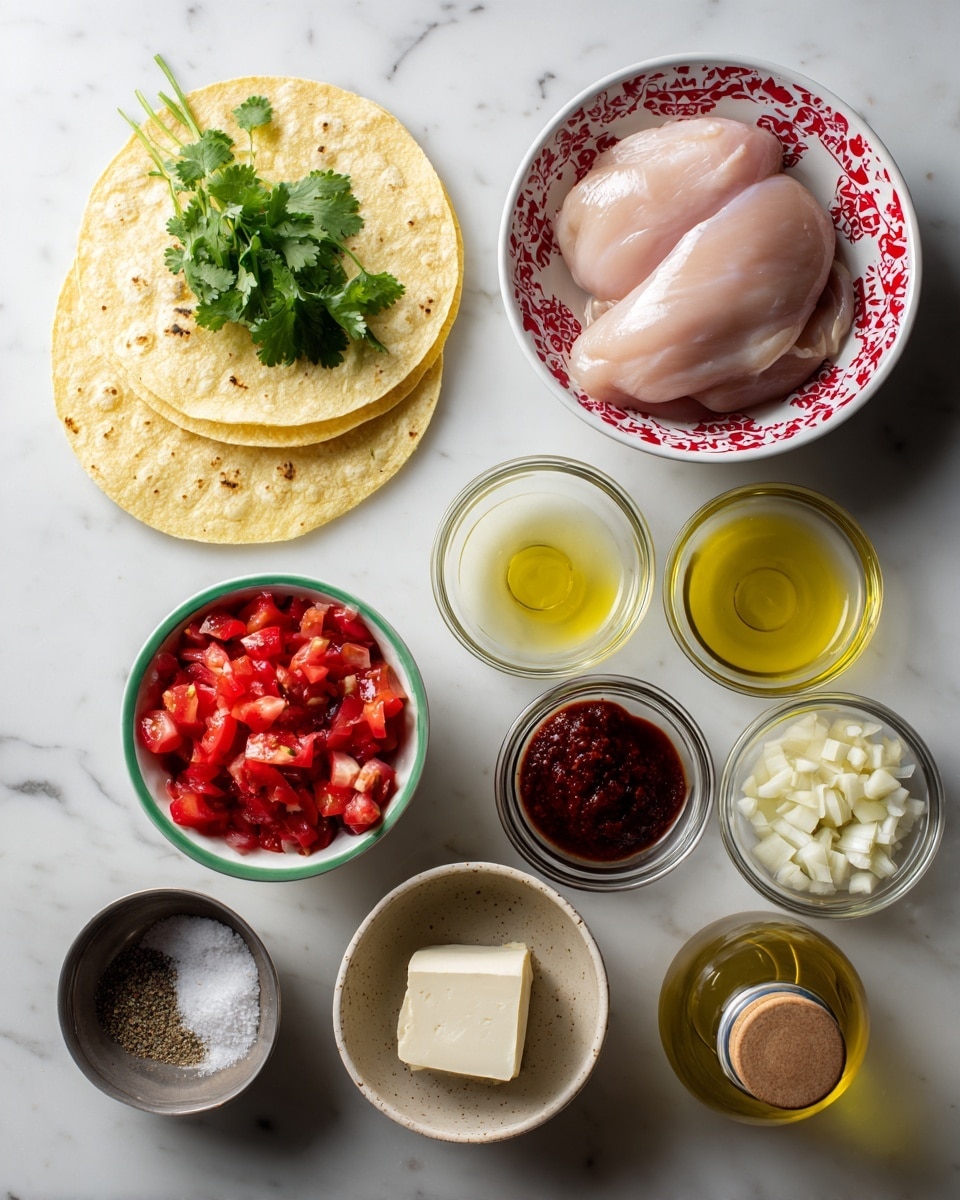 The image shows several ingredients arranged on a white marbled surface. At the top left, two light yellow tortillas are stacked together with a small bunch of green cilantro leaves on top. Below them, a round white bowl with red patterns holds a smooth piece of raw light pink chicken. To the right, there are small clear glass bowls containing yellow oil, dark brown paste, sliced white onions, red tomato paste, and in the center, a white bowl with green rim holding bright red diced tomatoes in liquid. Below these, there are three smaller bowls: a clear one with salt and pepper, a beige ceramic bowl with a white block of butter or cheese, and a small metal cup with minced garlic. A small glass container with a wooden lid holds golden olive oil at the bottom right corner. All the items are neatly placed, and the scene is clean and bright. Photo taken with an iphone --ar 4:5 --v 7