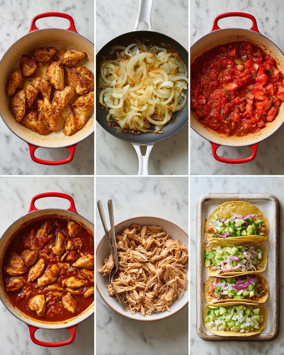 The image shows six steps of making a chicken dish. The first step is three cooked chicken pieces in a large white pot with a red rim on a white marbled surface. The second step is thinly sliced, cooked onions with a light golden-brown color in a black frying pan with a white handle. The third step is the same pan with chopped red tomatoes, tomato paste, a light yellow broth, and dark seasoning. The fourth step is the white pot again, now filled with a rich red sauce covering the chicken. The fifth step is a bowl of shredded chicken meat with two silver forks, the chicken is light brown and finely pulled apart. The last step is two tacos with corn tortillas filled with shredded chicken, fresh green cucumber slices, light purple onion strips, and small white cheese bits on a light brown rectangular tray on a white marbled surface. A woman’s hand is not visible in this image. Photo taken with an iphone --ar 4:5 --v 7