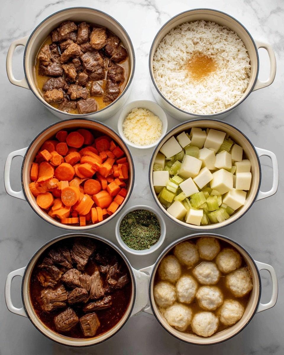 The image shows six white pots arranged in a 2x3 grid on a white marbled surface, each capturing a different cooking stage. The first pot in the top left contains browned beef chunks with a light brown sauce. The top middle pot has a layer of cooked white rice with a small pool of light brown liquid in the center. The top right pot displays four layers: large white potato cubes on the right side, bright orange carrot slices on the bottom right, light green celery pieces on the bottom left, and pale tofu chunks on the top left. The bottom left pot shows all the vegetables and beef mixed in a dark broth. The bottom middle pot has a mix of white flour, yellow butter, and green herbs in a white bowl, ready to be mixed. The bottom right pot contains the stew with five pale round dumplings floating on top of the mixture of beef, orange carrots, and potatoes in a rich brown sauce. Photo taken with an iphone --ar 4:5 --v 7