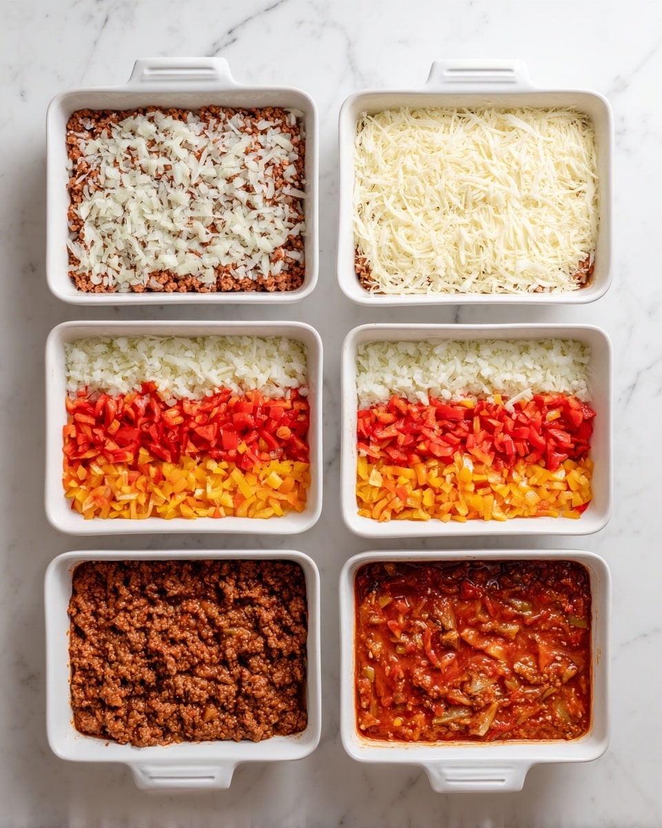 The image shows six steps of a layered dish in a white baking dish placed on a white marbled surface. The first step is cooked ground meat with small white chopped onions in it, spread evenly in the dish. The second step shows the same meat and onion layer pressed flat. The third step adds a layer of finely shredded white cheese covering the meat evenly. The fourth step displays a layer of diced red, orange, and yellow bell peppers spread on top of the cheese, forming a colorful gradient from red at the top left to yellow at the bottom right. The fifth step shows the peppers mixed with a liquid sauce, covering the dish nearly fully but still showing the chunks beneath. The last step is the cooked final dish, with the sauce thickened and the colors of the bell peppers still visible, mixed with the meat layer. Photo taken with an iphone --ar 4:5 --v 7