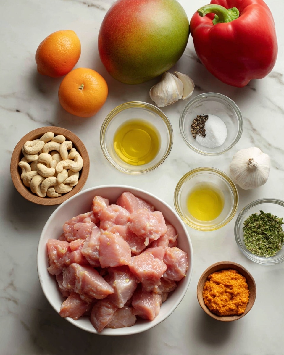 A white bowl filled with many pieces of raw light pink chicken sit in the center on a white marbled surface. Around it, there are several small clear glass bowls containing white cream, black pepper, salt, light yellow oil, and green chopped herbs. To the left, there are two whole orange tomatoes, a whole bright red bell pepper, and two colorful mangoes, one showing green and red hues, the other yellow and orange. A small wooden bowl filled with light beige cashew nuts and a section of raw garlic with white skin are also placed nearby. A small clear bowl holds bright orange paste. Photo taken with an iphone --ar 4:5 --v 7