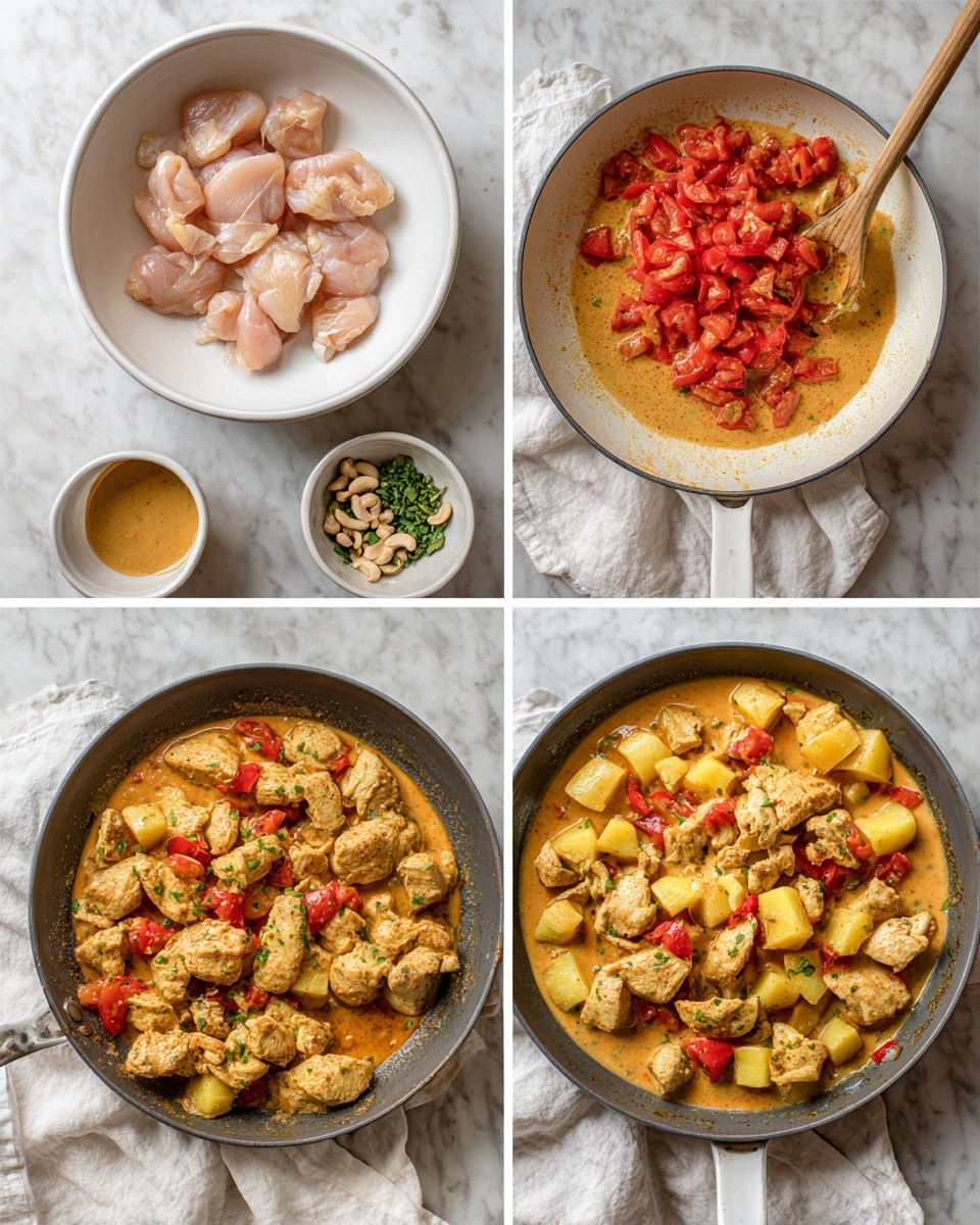 The image shows six steps of cooking a creamy chicken curry arranged in two rows of three. The top row starts with raw pale pink chicken pieces in a white bowl on a white marbled surface. Next, the chicken is lightly cooked in a frying pan, turning white with some browned parts. The third image shows chopped bright red tomatoes softening in the same pan. The bottom row shows the cooked chicken mixed with the tomatoes in the pan. Then, the pan contains the chicken and tomatoes covered in a light orange creamy sauce. Finally, the finished dish with chunks of yellow potatoes, chopped tomatoes, cooked chicken, and white cashews sits in the pan atop a white cloth next to a wooden spoon and a small white bowl of sauce photo taken with an iphone --ar 4:5 --v 7