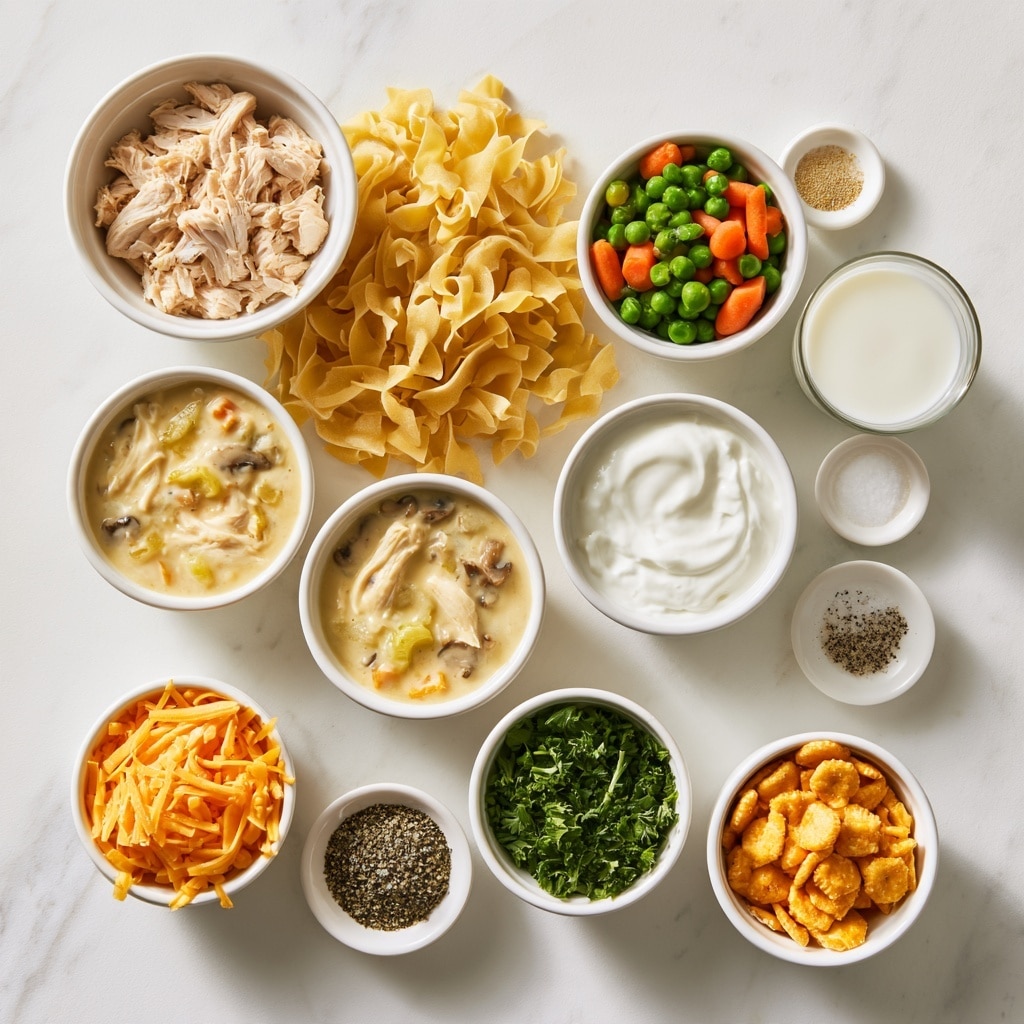 The image shows six steps to make a creamy pasta dish. In the first image, a white bowl holds three sauces: brown, yellow, and white, with milk being poured in. The second image shows the sauces mixed into a smooth light beige sauce in the white bowl. The third image has cooked egg noodles topped with shredded cooked meat, bright green peas, and small orange carrot pieces, arranged side by side in the white bowl. The fourth image shows the white bowl with the mixed sauce fully covering the noodles, meat, and vegetables, creating a thick creamy pasta mixture. The fifth image transfers this pasta mix into a white baking dish with handles, filling it evenly. The last image covers the top layer in the baking dish with a thick layer of orange and white shredded cheese. All images have a white marbled background. Photo taken with an iphone --ar 4:5 --v 7