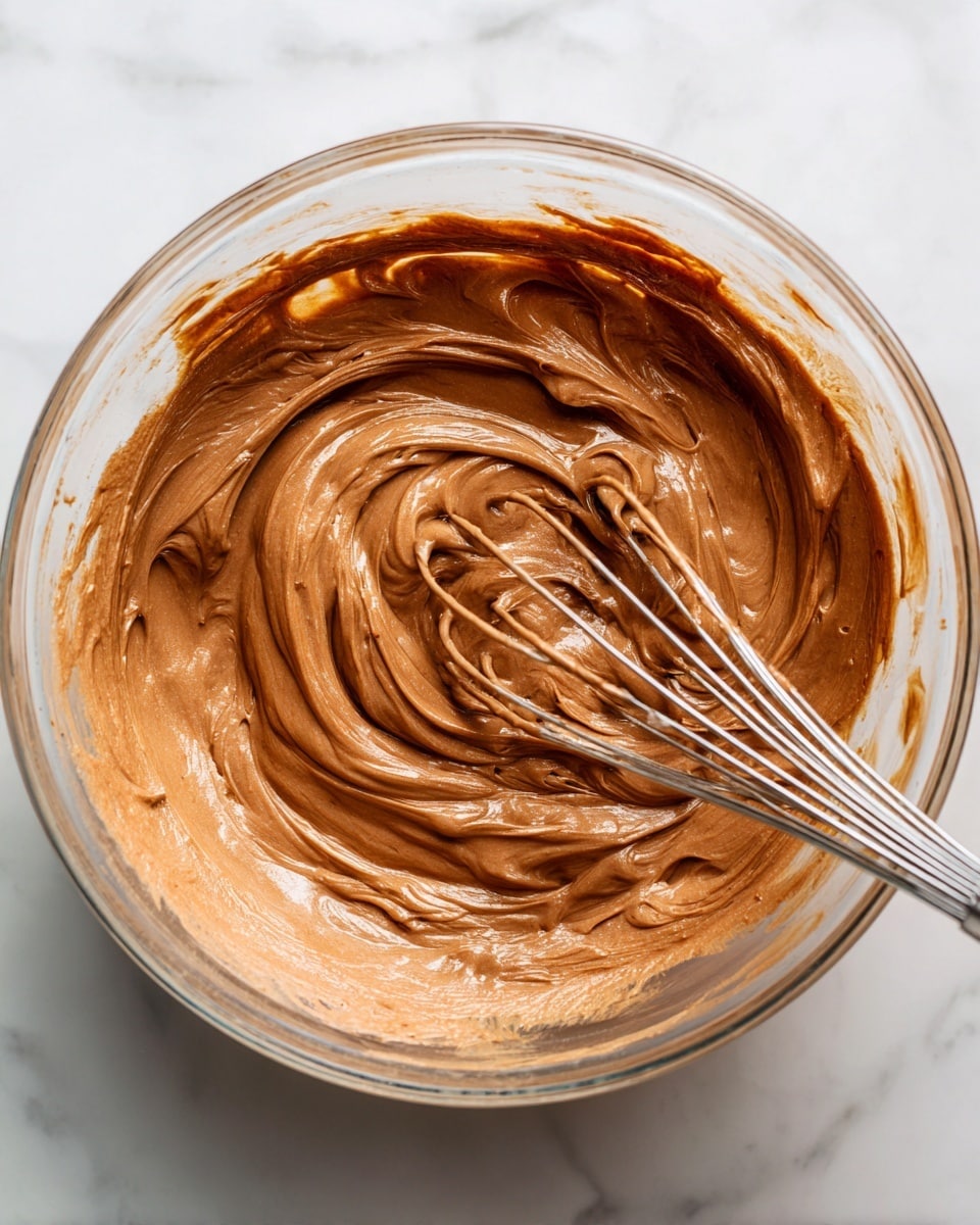 The image shows a close-up view of a thick, smooth brown mixture inside a clear glass bowl. The batter has a slightly grainy texture with swirls created by a metal whisk partially dipped into the mixture. The bowl is placed on a white marbled surface. The mixture looks creamy and dense with soft peaks and ridges formed by stirring photo taken with an iphone --ar 4:5 --v 7