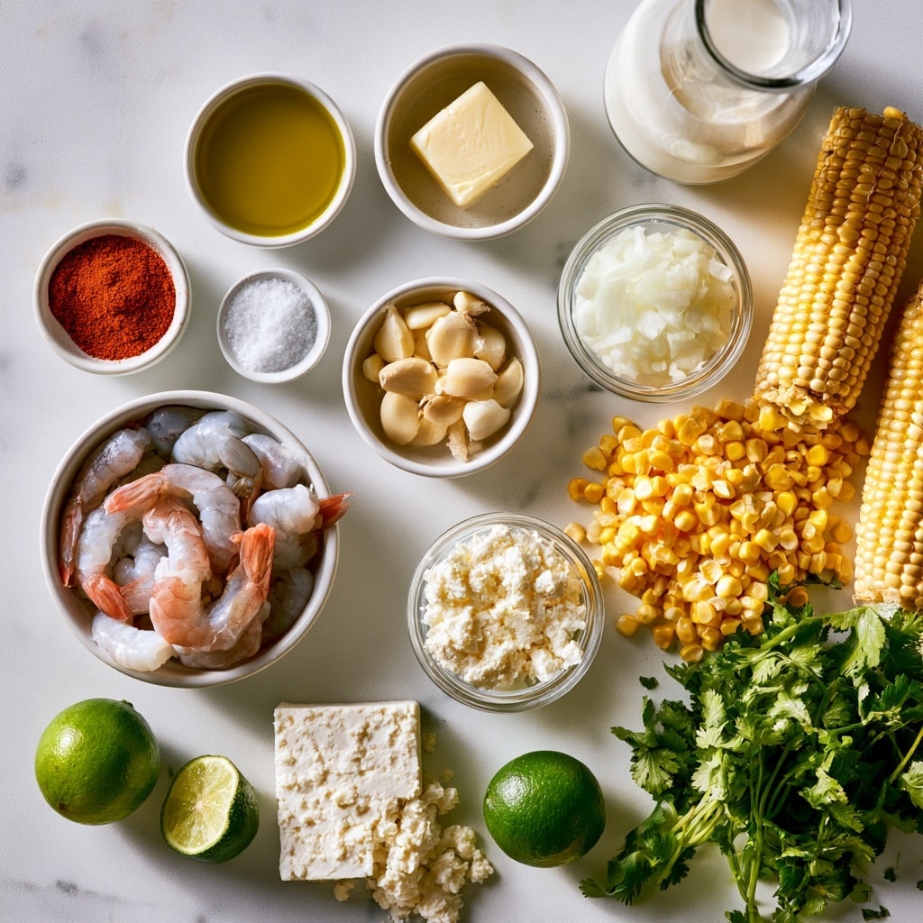 A black cast iron pan filled with a creamy orange sauce that forms the base layer, topped with evenly spread grilled corn kernels that have some char marks showing yellow and dark brown colors. Over the corn, there are several reddish-orange cooked shrimp, seasoned and arranged in a circular pattern around the pan. Bright green cilantro leaves are scattered across the shrimp and corn for color contrast. Small white crumbles are sprinkled lightly on top, adding texture. Lime wedges with a light green color sit on the shrimp and around the edge of the pan as the final layer. The pan is on a white marbled surface. photo taken with an iphone --ar 4:5 --v 7