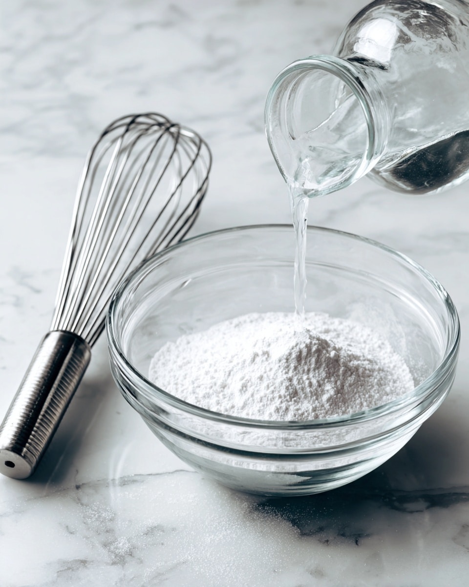 A clear glass bowl sits on a white marbled surface, containing a single layer of white powder at the bottom and a layer of white liquid being poured from a clear glass container into the bowl, mixing with the powder. To the left of the bowl lies a metal whisk with a shiny silver handle. photo taken with an iphone --ar 4:5 --v 7