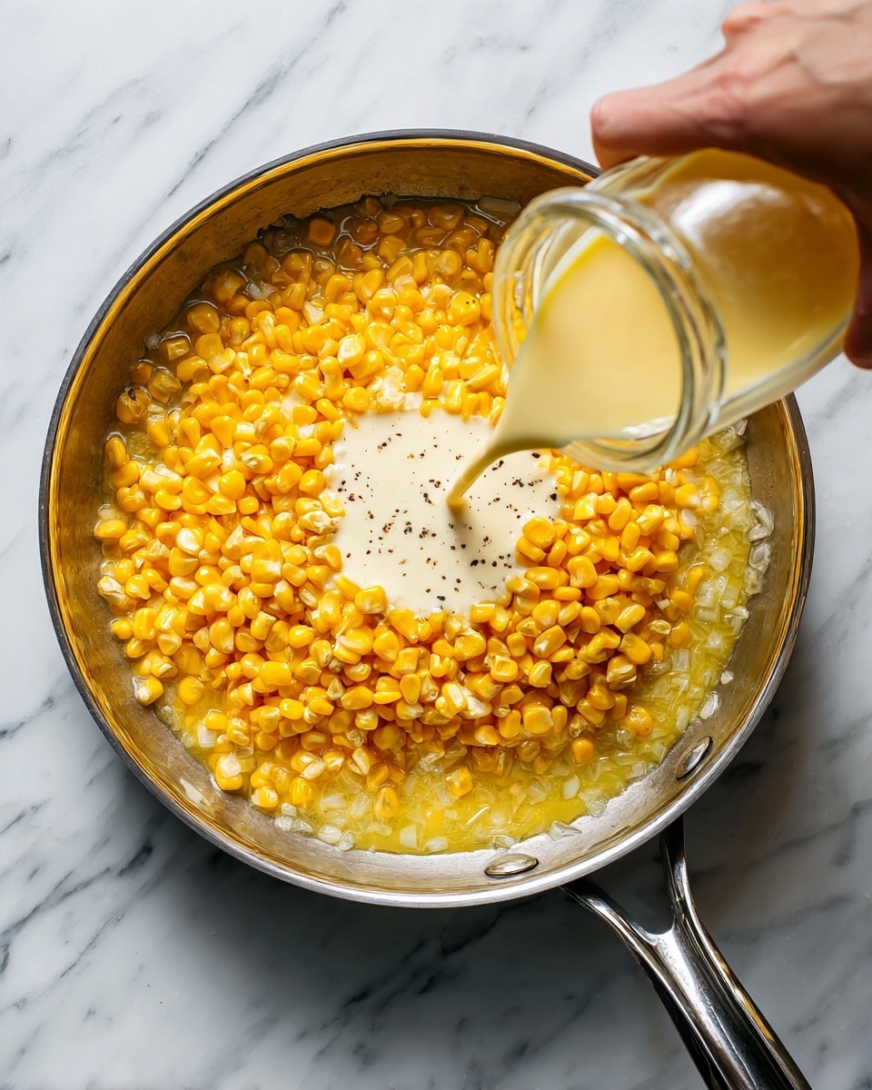 A stainless steel pan sits on a white marbled surface filled with a layer of melted butter and diced onions. On top of this, there is a thick layer of bright yellow corn kernels spread evenly across the pan. In the center, a splash of white cream with small black specks is poured from a tilted glass bottle held by a woman’s hand coming from the right edge of the image, creating a contrast against the yellow corn. The shiny metal handle extends toward the bottom right, reflecting light. Photo taken with an iphone --ar 4:5 --v 7