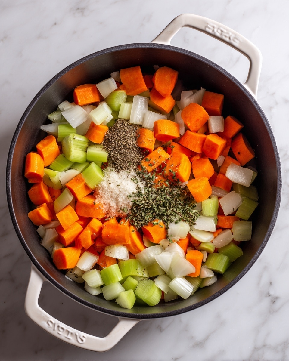 A top view of a black pot with white handles sitting on a white marbled surface, filled with chopped vegetables and spices. The vegetables include orange carrot cubes, light green celery pieces, and white onion chunks, all mixed together. There are small piles of minced garlic and ground black pepper placed separately among the vegetables, along with a sprinkle of dried herbs. The colors and textures are fresh and earthy, with the bright orange and green veggies contrasting against the dark interior of the pot. photo taken with an iphone --ar 4:5 --v 7