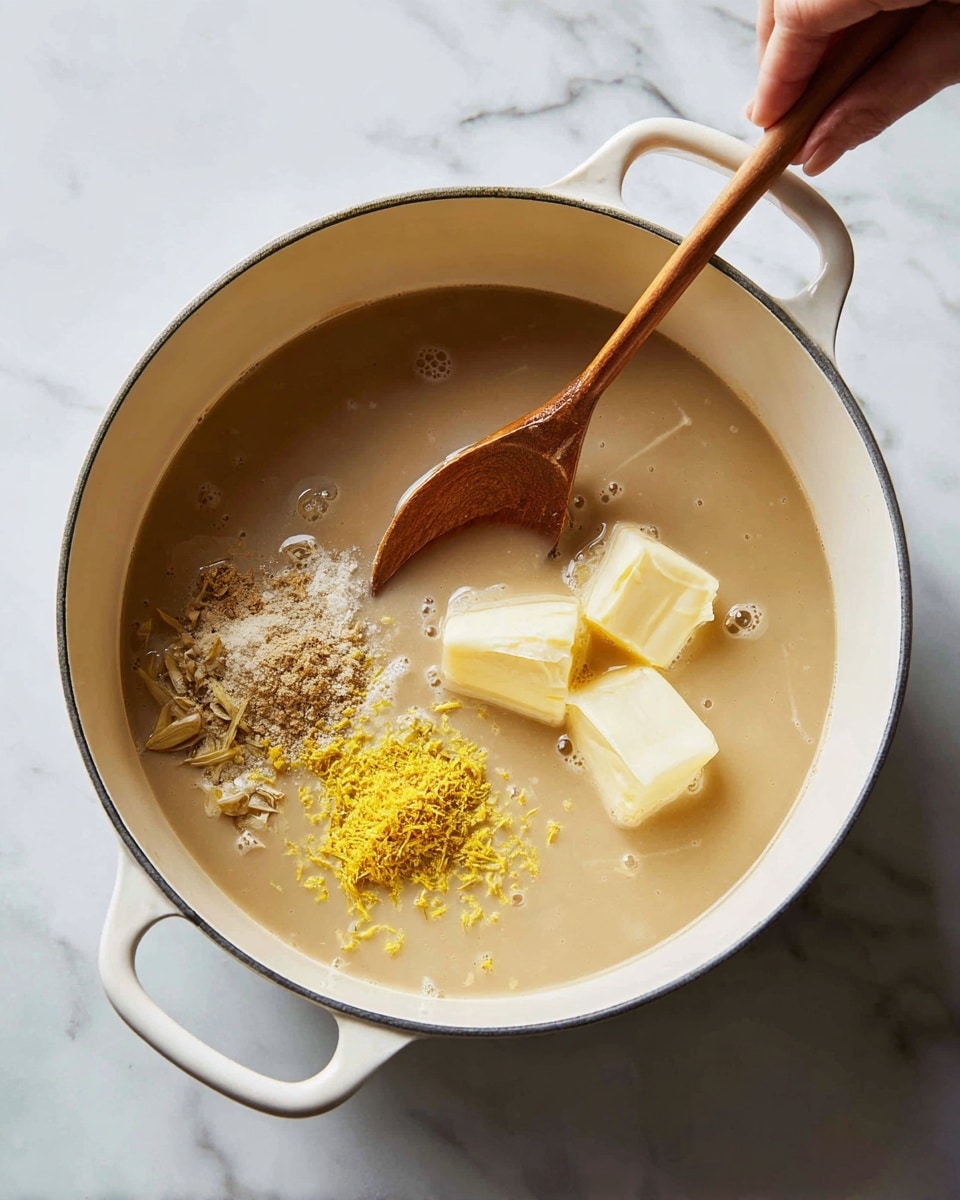 A white pot with two handles contains a light brown, slightly thick liquid with some small, visible bits mixed inside. Three butter pieces are melting in the liquid on the right side, and a small pile of bright yellow zest with some powdery yellow spice sits on the left side. A woman's hand holding a wooden spoon stirs the liquid, causing a bit of motion blur on the spoon. The pot sits on a white marbled surface. Photo taken with an iphone --ar 4:5 --v 7