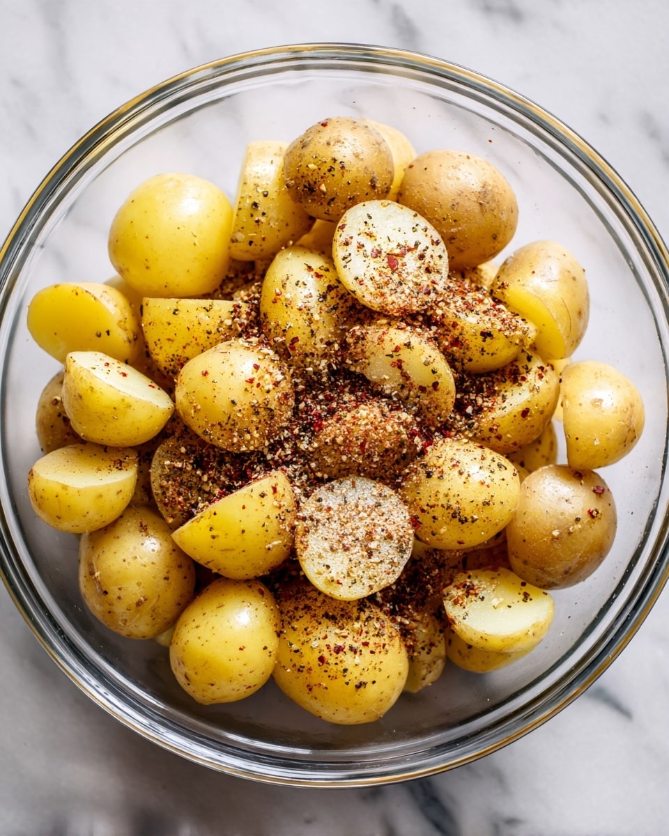 A clear glass bowl sits on a white marbled surface filled with small halved yellow potatoes. The potatoes are spread out with their cut sides up, showing a pale yellow inside, and are sprinkled with various dry spices and seasonings in shades of brown, red, and black. The spices are unevenly dusted over the potatoes, giving a textured look to the smooth potato surfaces. photo taken with an iphone --ar 4:5 --v 7