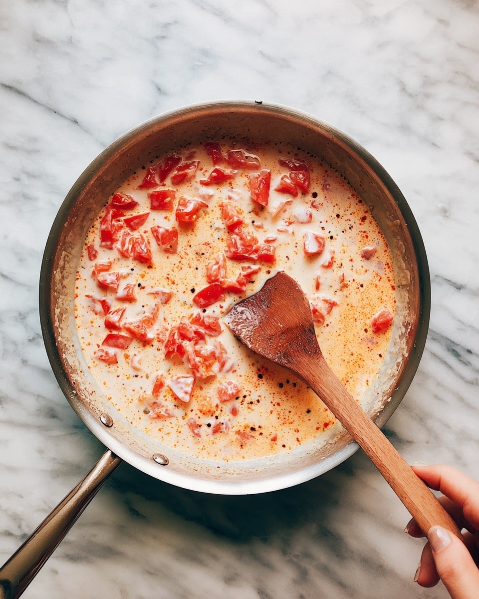 A top view of a silver metal pan with chopped red tomatoes cooking in a creamy white sauce spotted with small dark spices, the sauce has a slightly orange tint from the spices. A woman's hand is holding a wooden spoon stirring the sauce inside the pan. The pan sits on a white marbled textured surface. photo taken with an iphone --ar 4:5 --v 7
