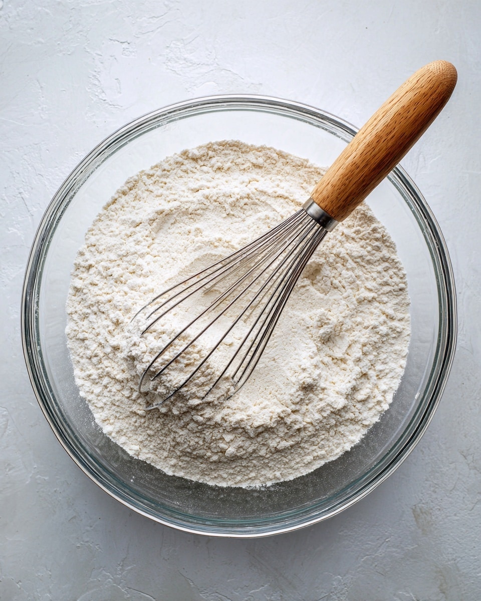 A clear round glass bowl sits on a white marbled surface, filled with a single layer of fine, light beige flour with a soft, powdery texture. Inside the bowl, a metal whisk with a light wooden handle gently rests, partially buried in the flour on the right side. The flour is evenly spread beneath the whisk, showing slight indentations and small clumps around the mixing area. photo taken with an iphone --ar 4:5 --v 7