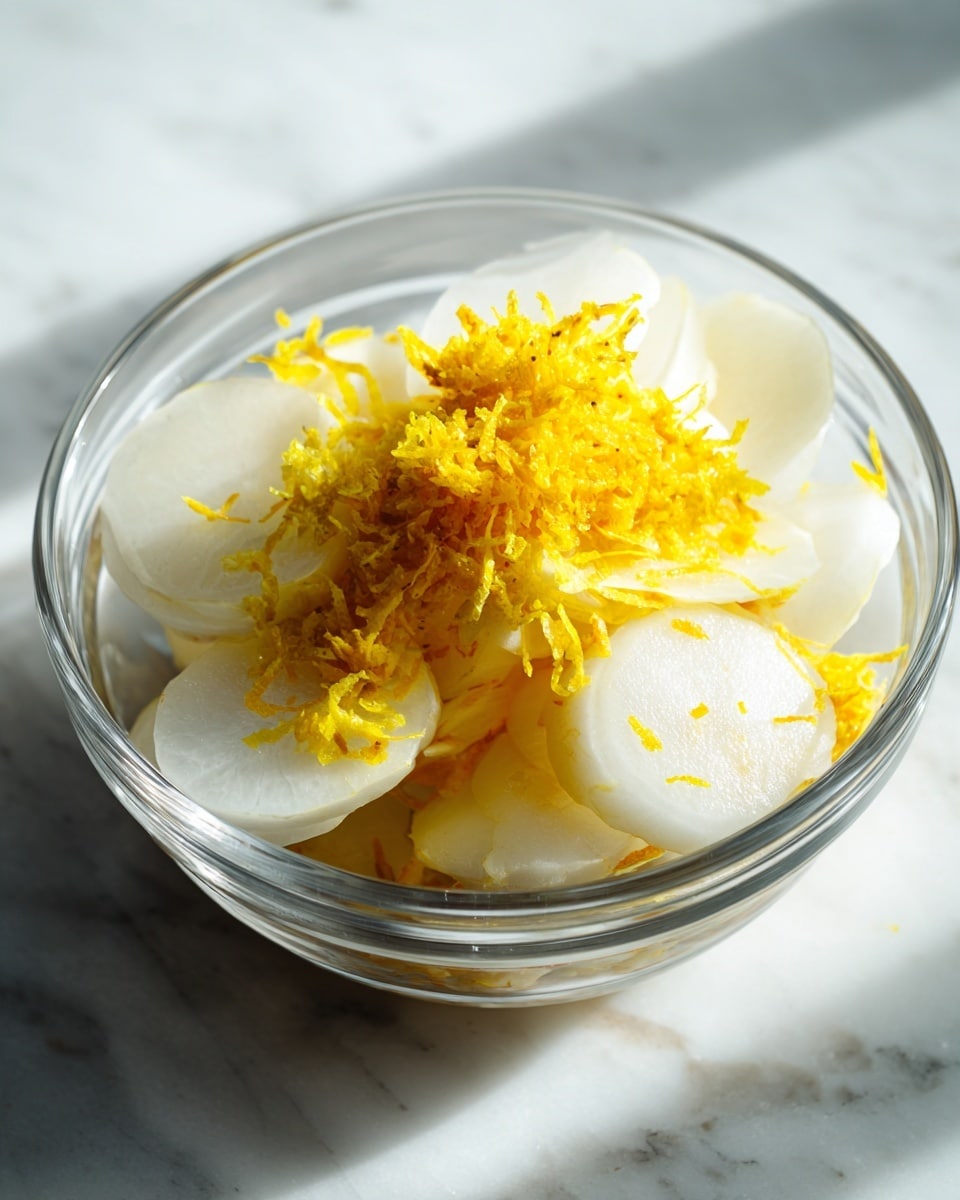 The image shows a clear glass bowl on a white marbled surface. Inside the bowl are several pieces of sliced white fruit, arranged loosely in layers. On top of the fruit, there is a pile of bright yellow grated zest or finely shredded peel, adding texture and color contrast. The light shining on the bowl highlights the fresh and natural look of the ingredients. The photo taken with an iphone --ar 4:5 --v 7