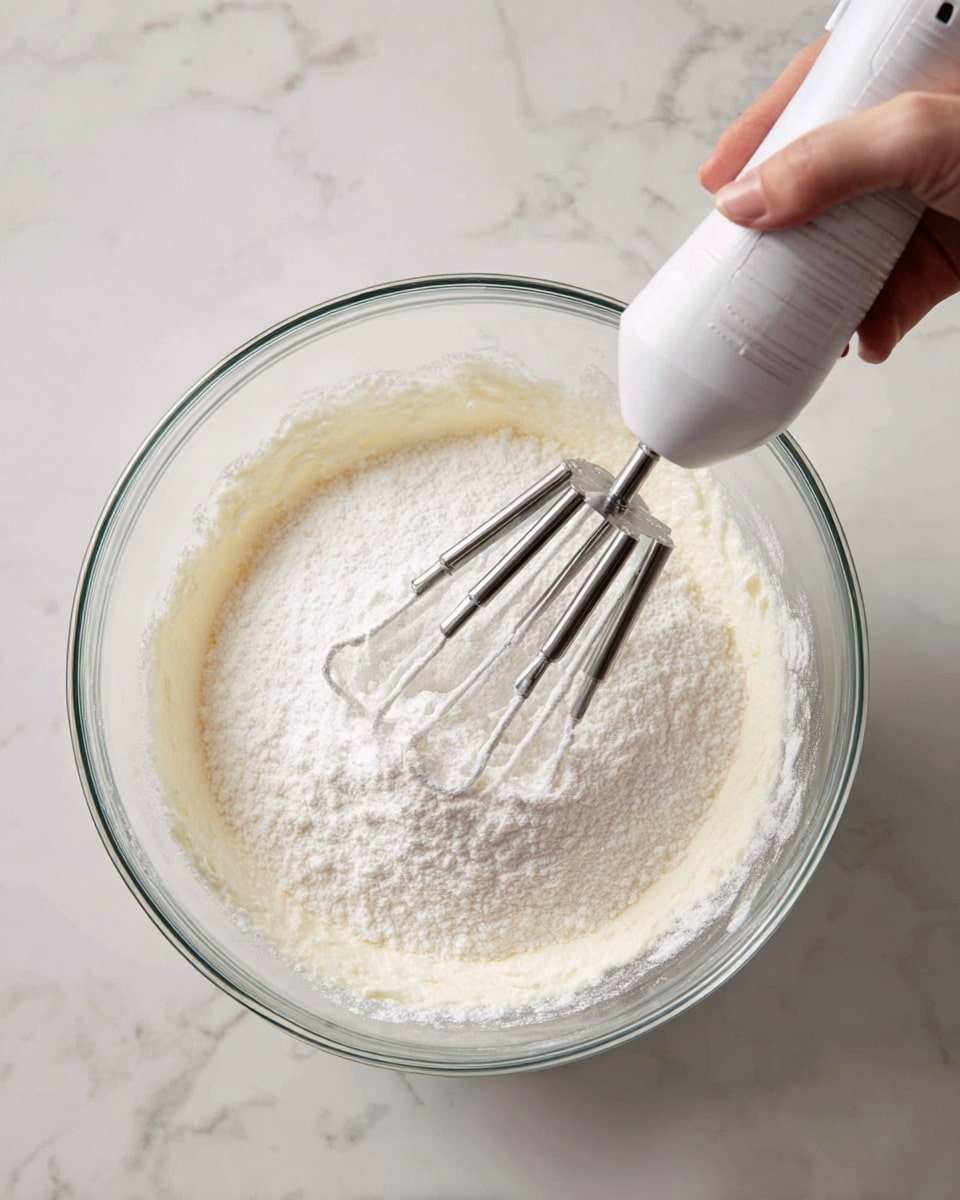 A clear glass bowl holds two layers: a thick, creamy off-white mixture at the bottom with a soft, smooth texture, and a dusting of white powder sprinkled on top. A white electric hand mixer with two metal beaters is partially immersed in the bowl, with a woman's hand seen gripping the mixer from the lower right corner. The bowl is set on a white marbled surface that adds a clean and simple background to the scene. photo taken with an iphone --ar 4:5 --v 7