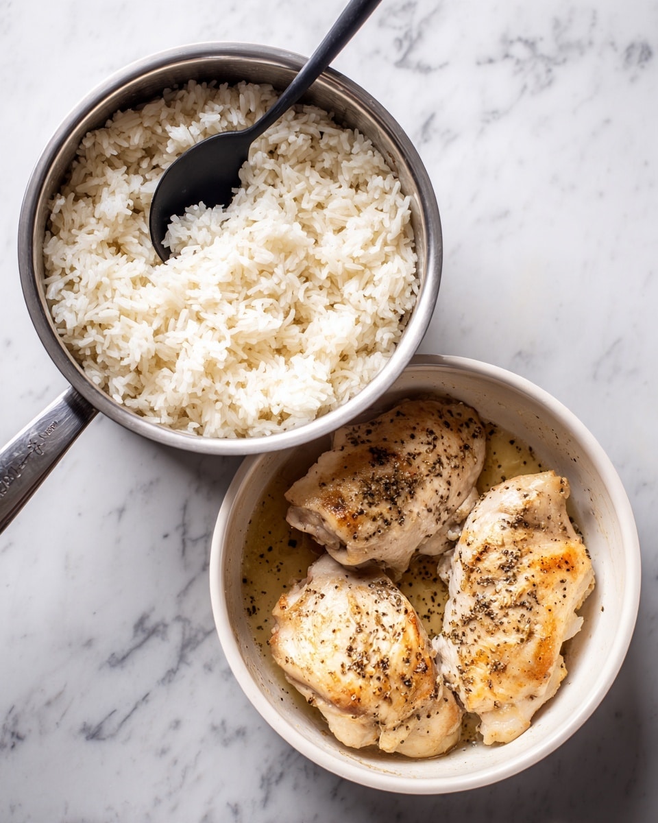 The image shows two side-by-side photos on a white marbled surface. On the left, there is a silver pot filled with cooked white rice, light and fluffy in texture. A black spoon is resting inside the pot, slightly lifting the rice. On the right, a white pot contains two pieces of cooked chicken, golden brown on top with a light sprinkling of black pepper, sitting in a small amount of cooking juice. The chicken pieces are centered, showing a slight sear on the edges. photo taken with an iphone --ar 4:5 --v 7