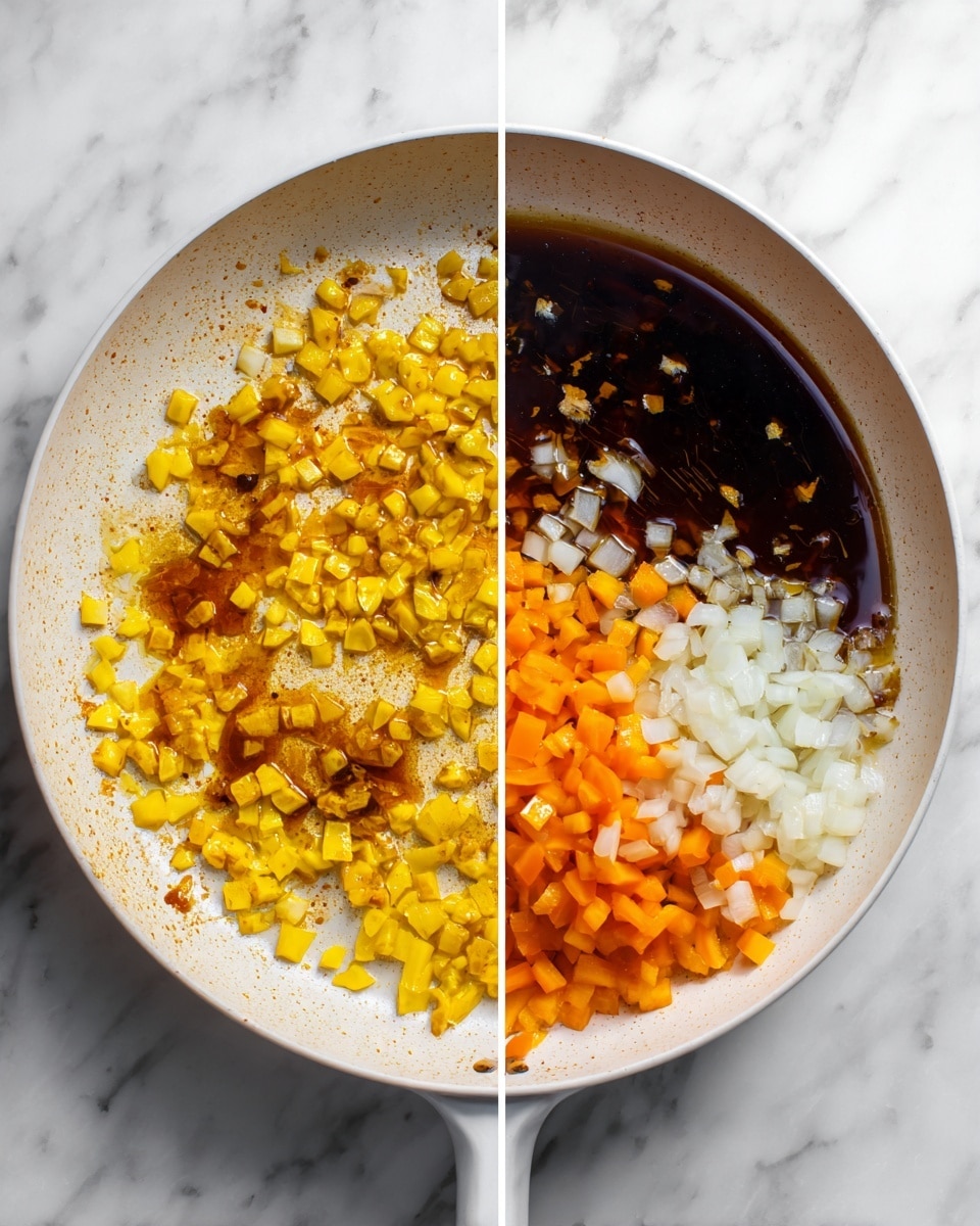 The image is split into two parts, both showing cooking in a white pan placed on a white marbled surface. On the left side, the pan holds small, yellow, diced pieces with a slightly browned texture scattered across the pan's surface, some browning spots visible on the pan itself. On the right side, the same white pan now contains chopped white onions and bright orange bell peppers mixed together, with a dark brown liquid being poured from the top right corner into the pan, creating a glossy coating on the vegetables. Photo taken with an iphone --ar 4:5 --v 7