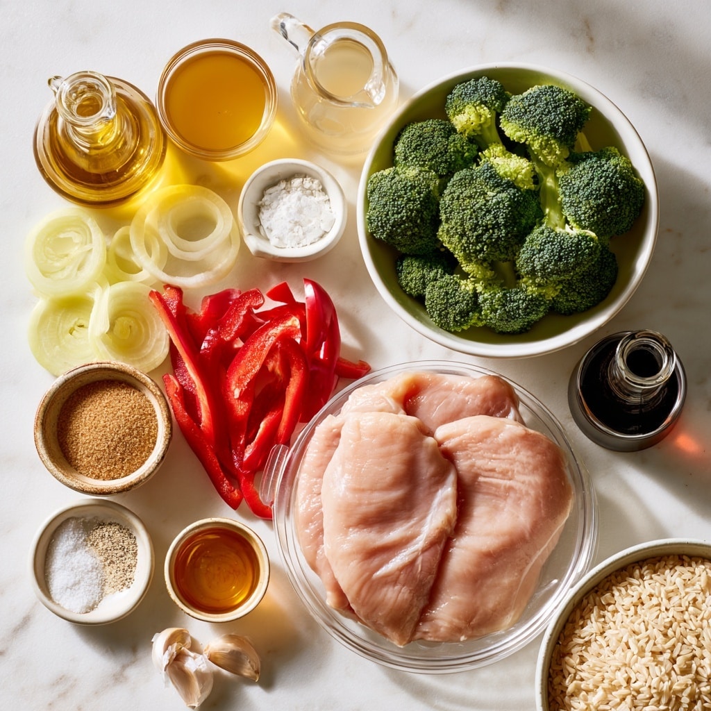 The image shows two side-by-side photos of cooking in a large silver pot on a white marbled texture. The left side shows the pot filled with evenly browned bite-sized light brown chicken pieces scattered evenly across the bottom of the pot. The right side shows the same pot now filled with bright green broccoli florets, thin orange-yellow bell pepper strips, and white small round onions. A dark brown sauce is being poured into the pot from a glass container held by a woman's hand from above, creating a shiny texture on the vegetables. photo taken with an iphone --ar 4:5 --v 7