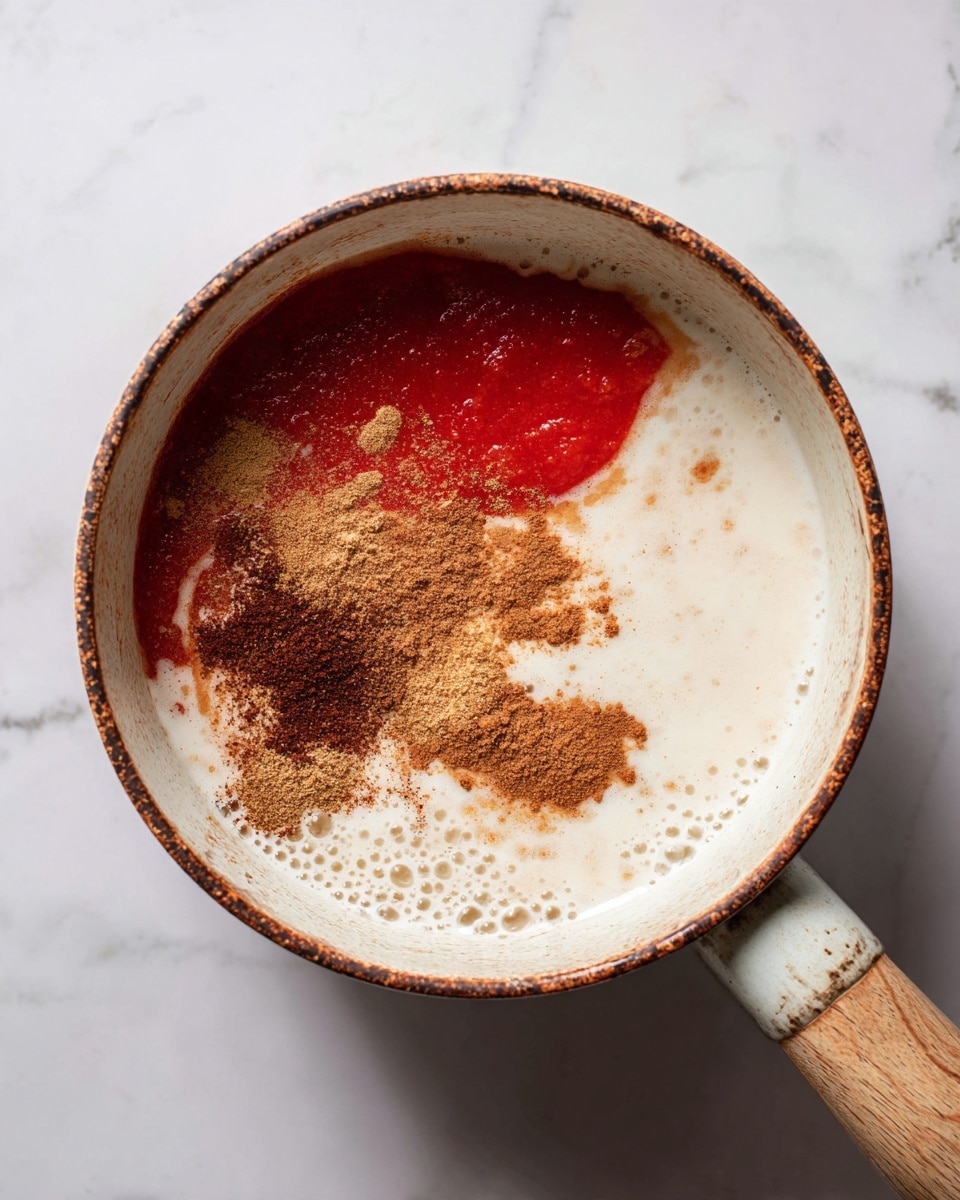 The image shows a rustic white pot with a worn brown rim and a wooden handle, sitting on a white marbled surface. Inside the pot, there are several layers of ingredients: a bright red tomato sauce layer covering half of the bottom, a frothy white liquid layer filling the rest of the pot, and on top of the sauce and liquid, there are light brown and dark brown powdered spices scattered unevenly. The colors and textures contrast well, with the smooth sauce, foamy liquid, and powdery spices all visible. Photo taken with an iphone --ar 4:5 --v 7