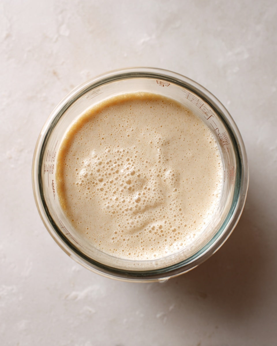 A clear glass measuring cup with a single layer of light tan, smooth batter inside. The batter has a few small bubbles on the surface, giving it a slightly textured look. The measuring cup is placed on a white marbled surface, and the photo is taken from above, showing the round shape of the cup and the faint measurement markings on its side. The overall lighting is soft and natural. photo taken with an iphone --ar 4:5 --v 7